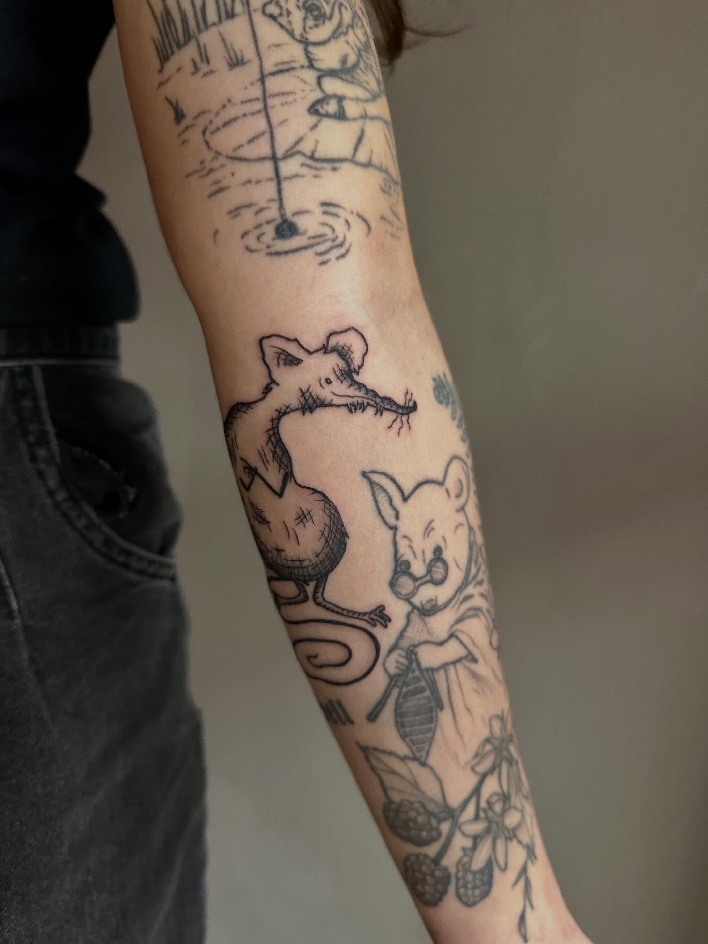 Winnie the pooh and friends black and grey tattoo on the forearm by Jadelin, San Francisco, California