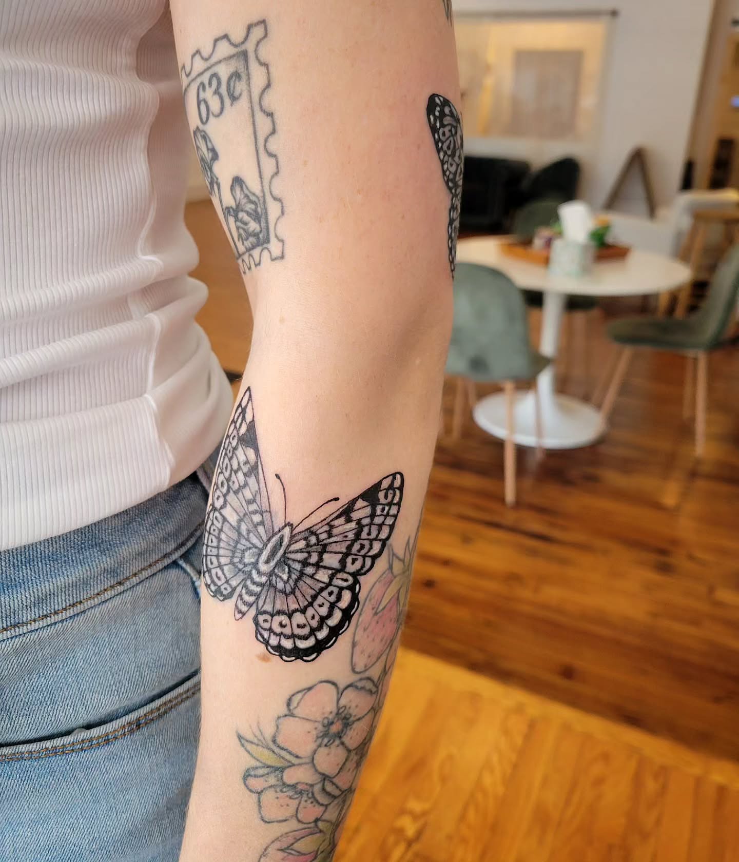 Butterfly black and grey tattoo on the forearm by Solstice Tattoos by Savannah Sadler (future, Salisbury, North Carolina