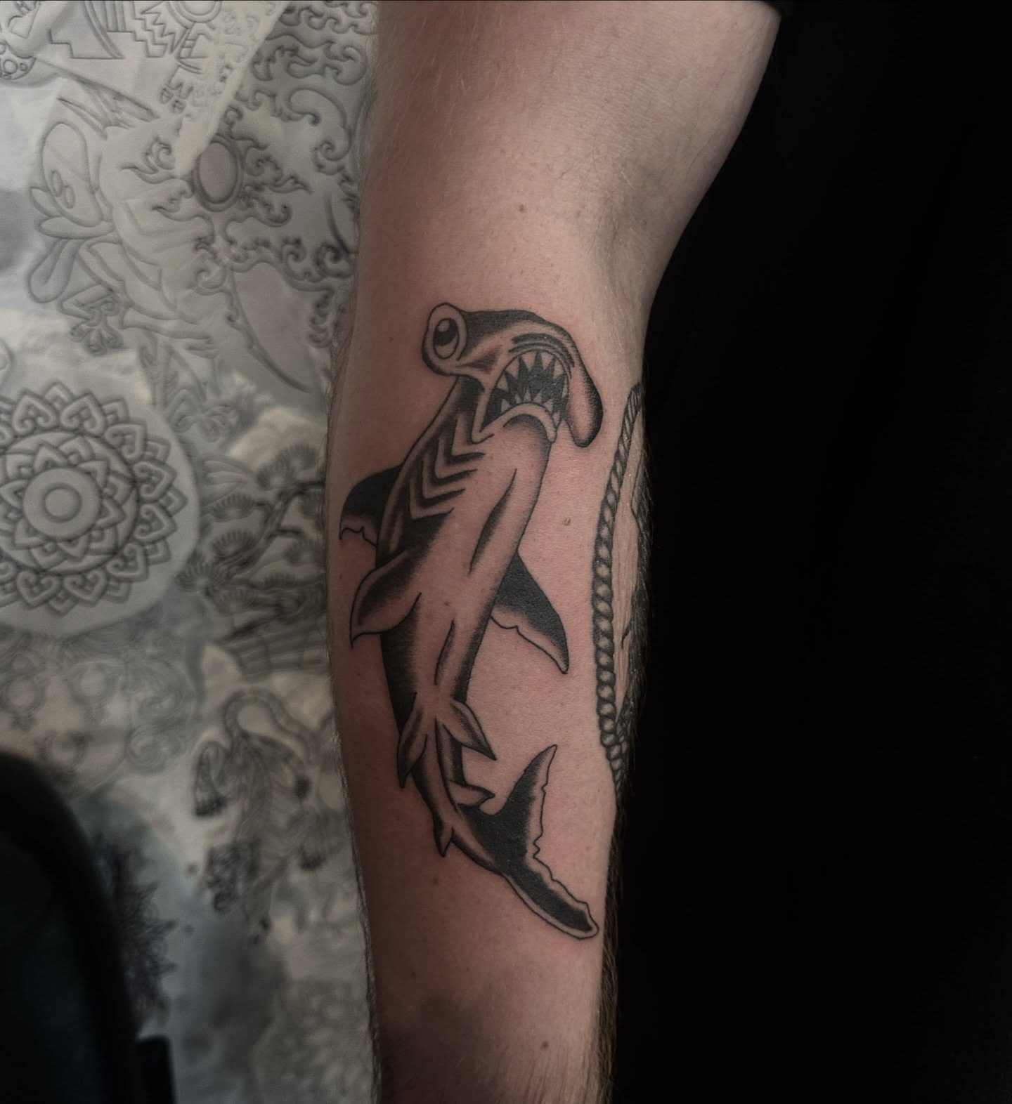 Shark black and grey tattoo on the forearm by ππ¦π βπ¬π²π«π±π°