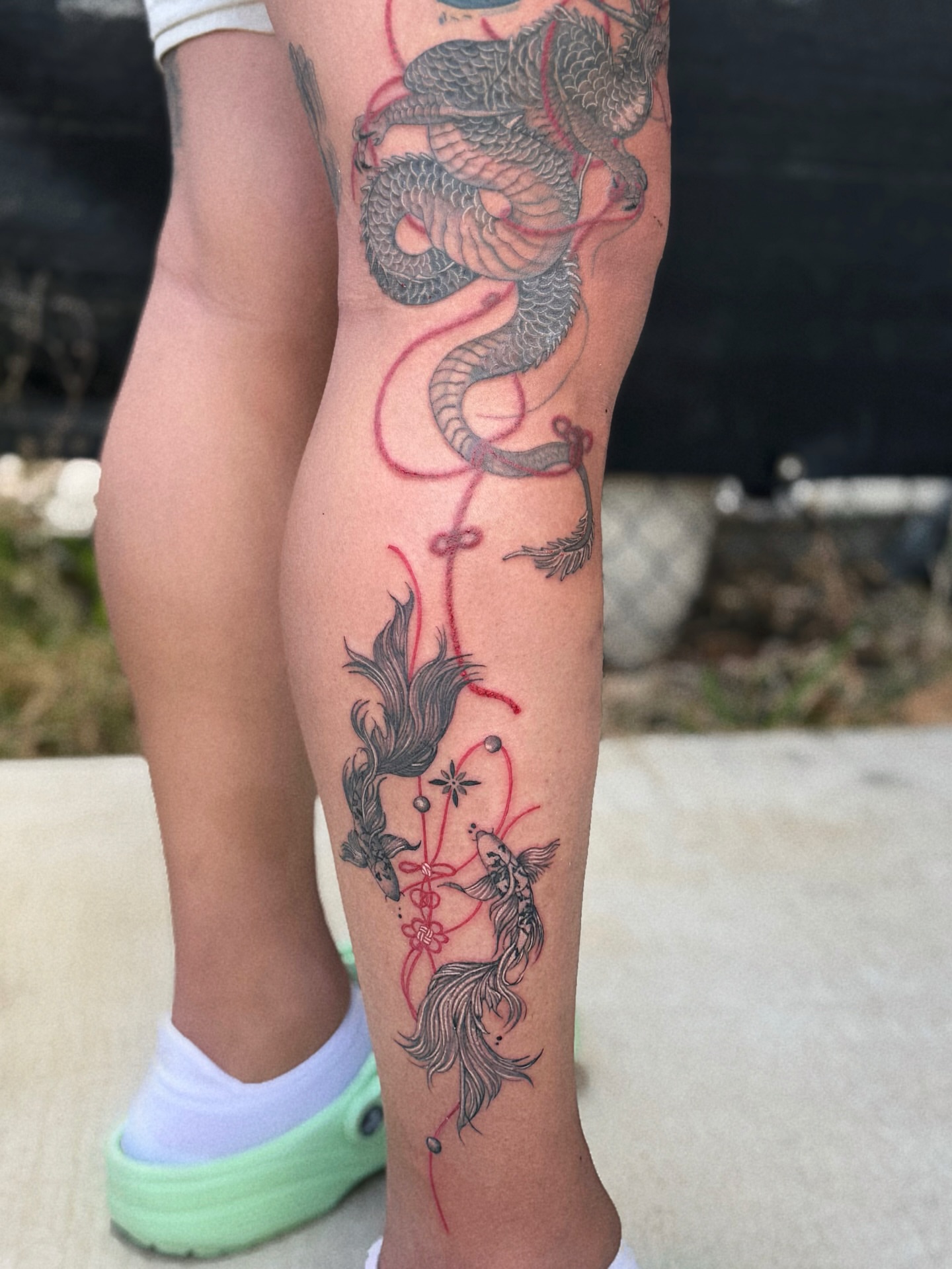 Dragon and fish japanese irezumi tattoo on the calf by MJ