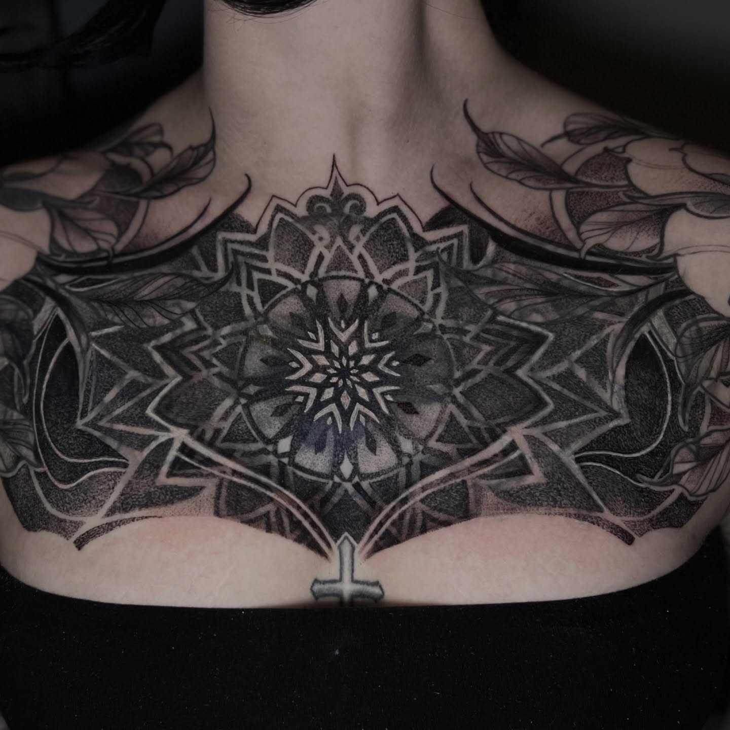 Geometric mandala dotwork tattoo on the chest by Dominick Cali, East Islip, New York