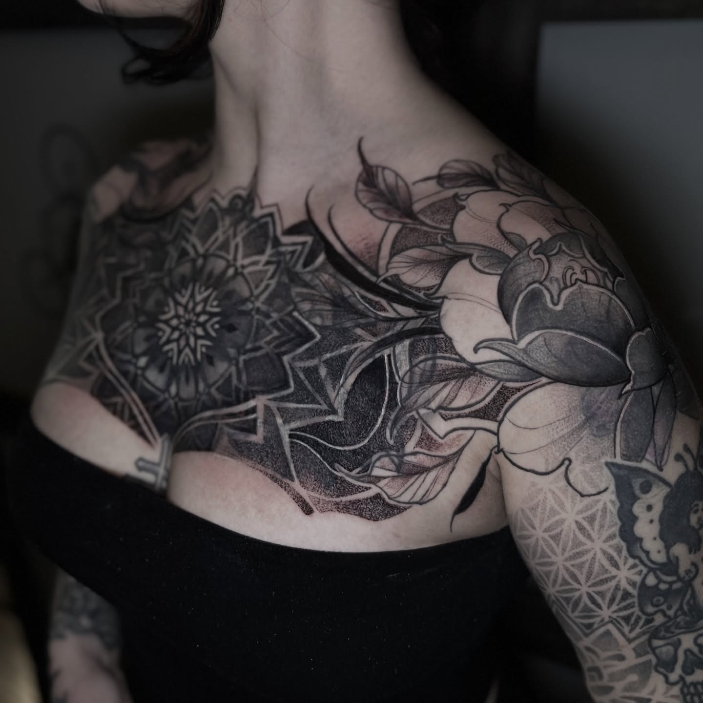 Floral mandala geometric tattoo on the chest by Dominick Cali, East Islip, New York