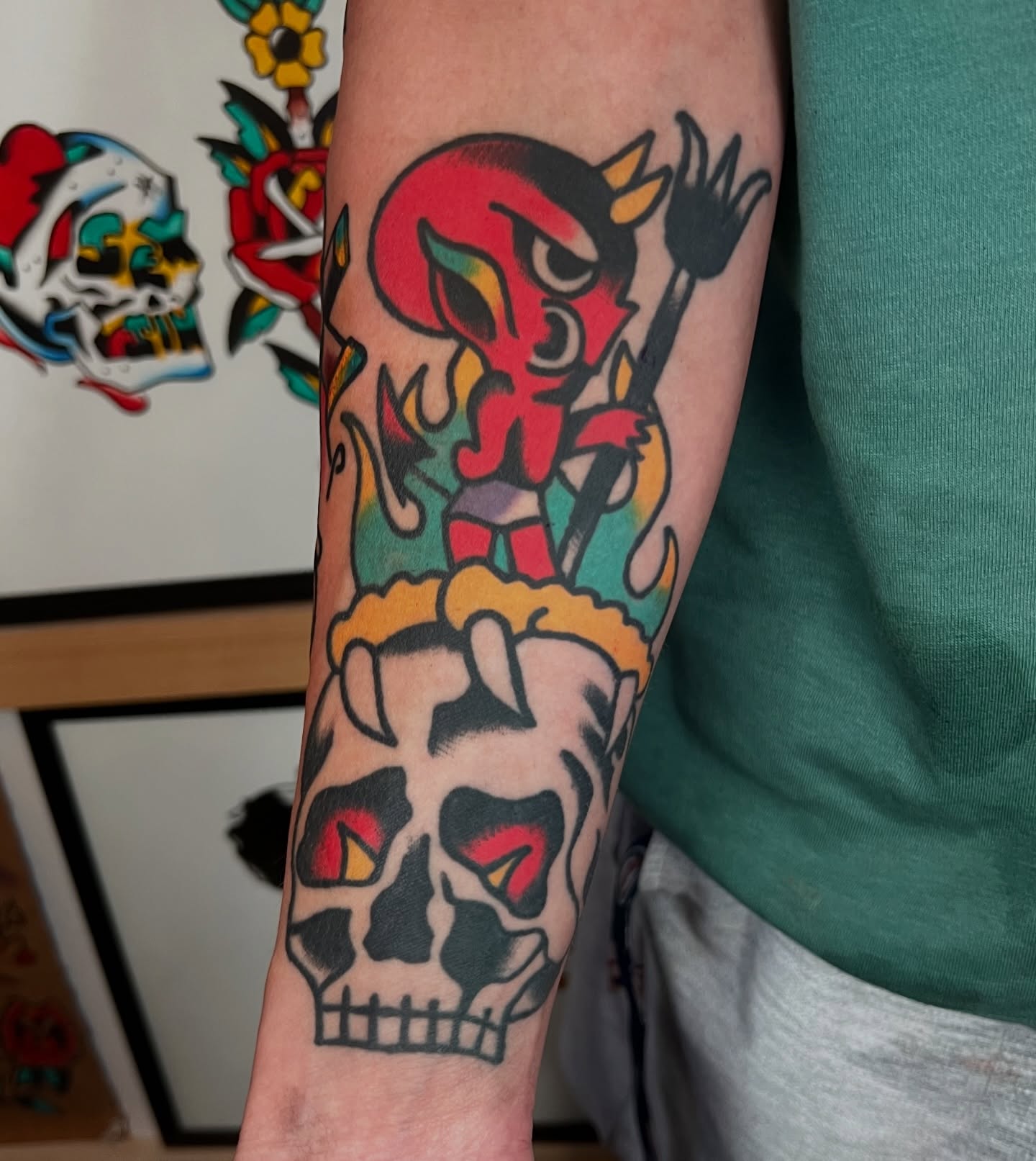 Devil and skull American traditional tattoo on the forearm by Like A Horse Corral