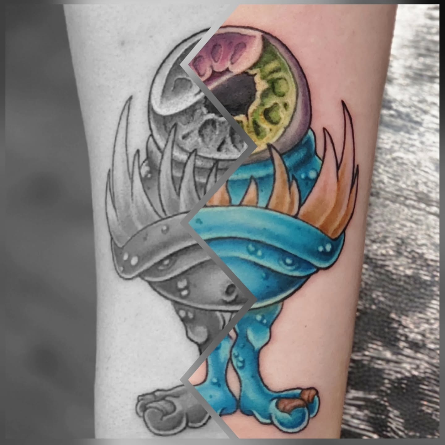 Alien creature dotwork tattoo on the forearm by Trista Bettfreund (Birdy)