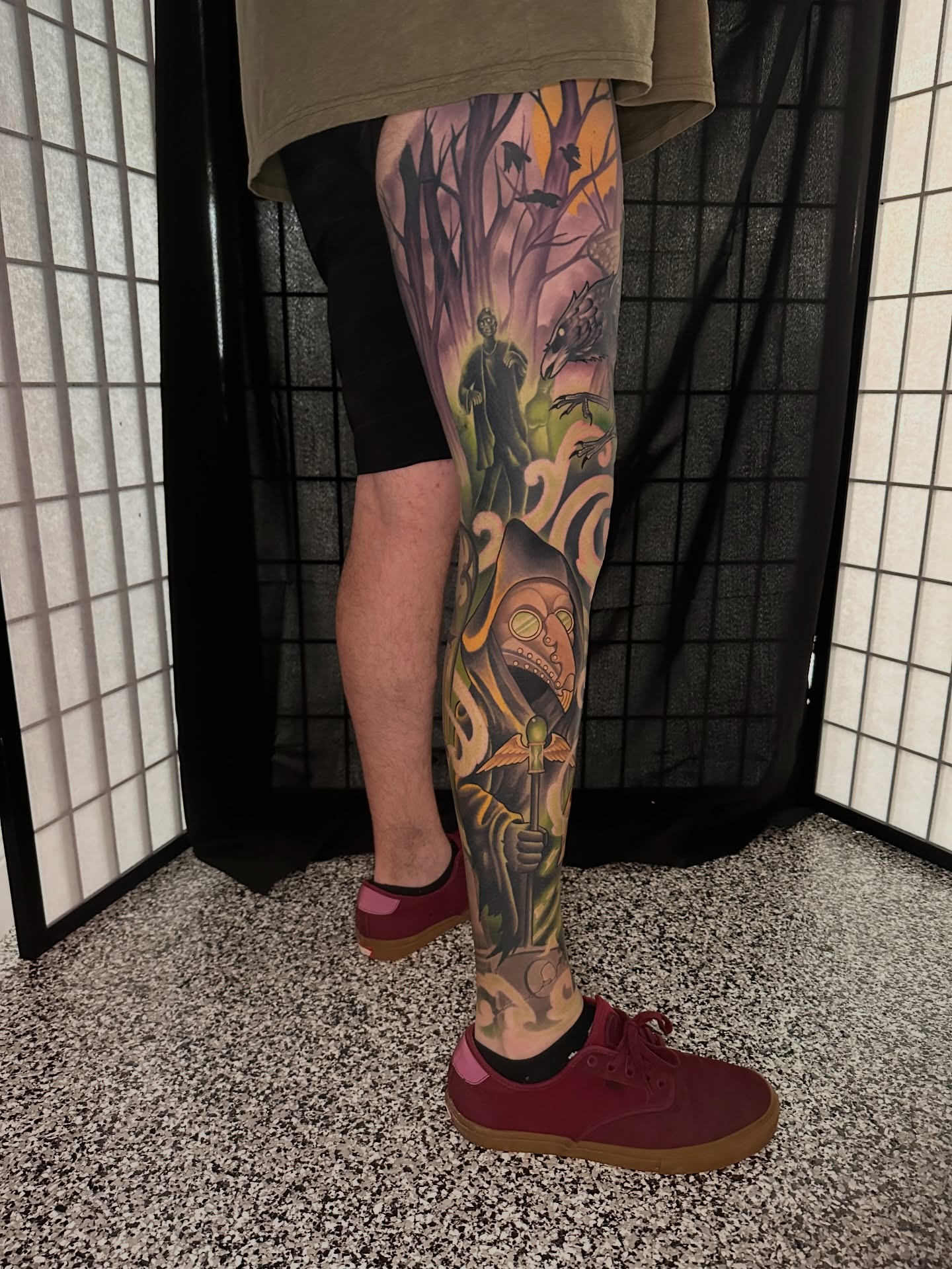 Forest scene dotwork tattoo on the leg by Pat Patterson Florida Tattoo Artist