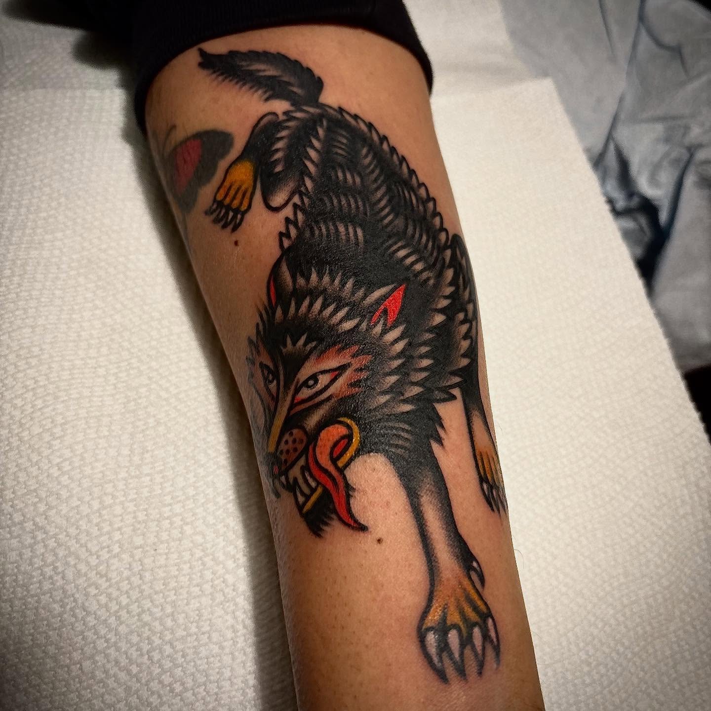 Wolf American traditional tattoo on the forearm by Danny DiBlasi, San Francisco, California
