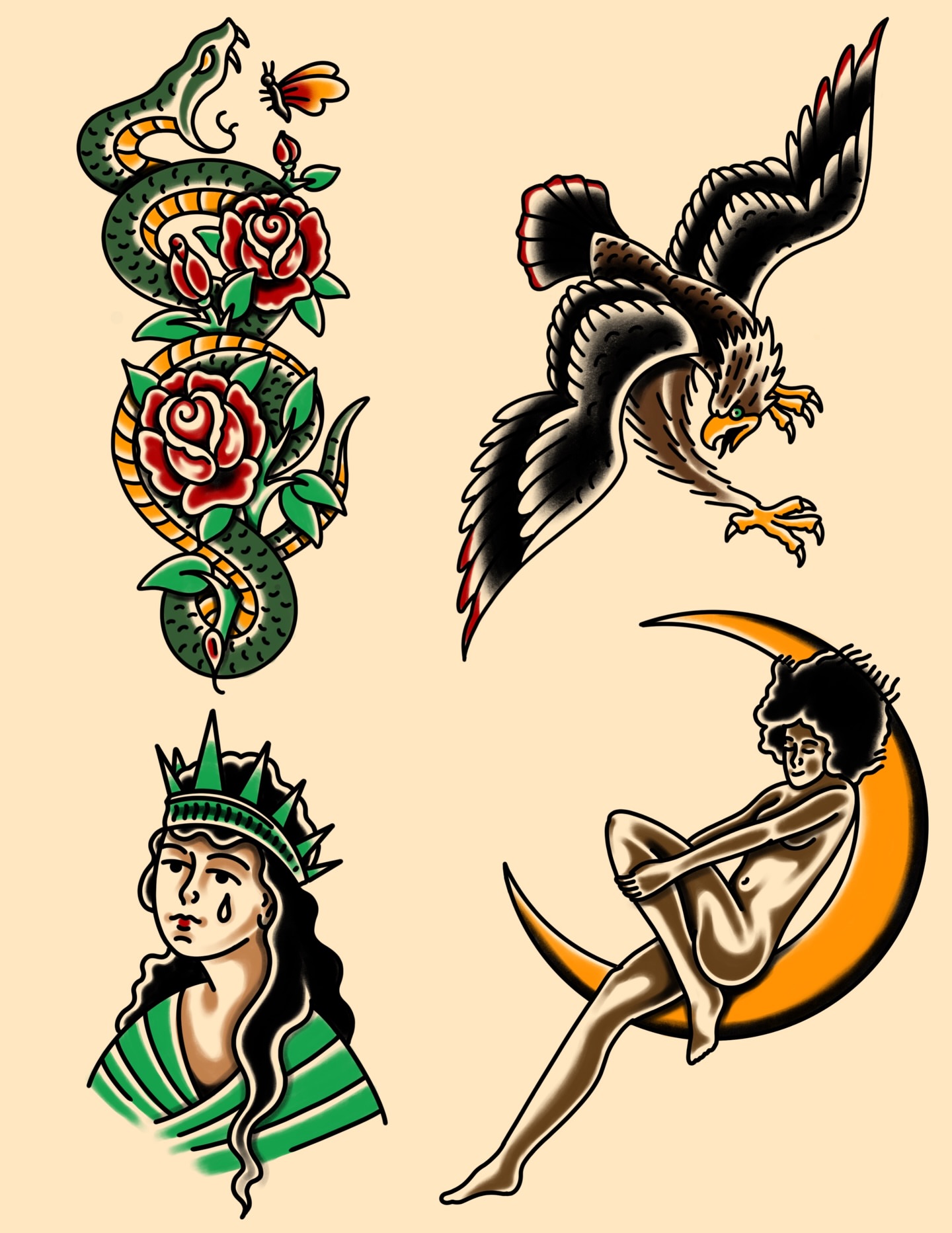 Snake and eagle American traditional tattoo by Douglas Grady