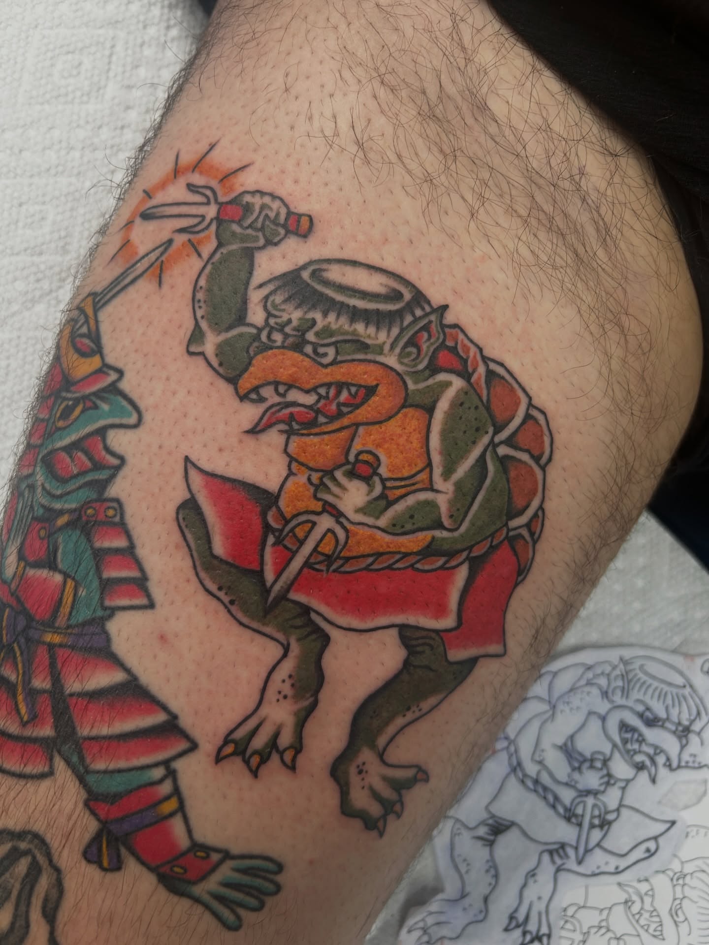 Turtle warrior American traditional tattoo on the thigh by Dylan James