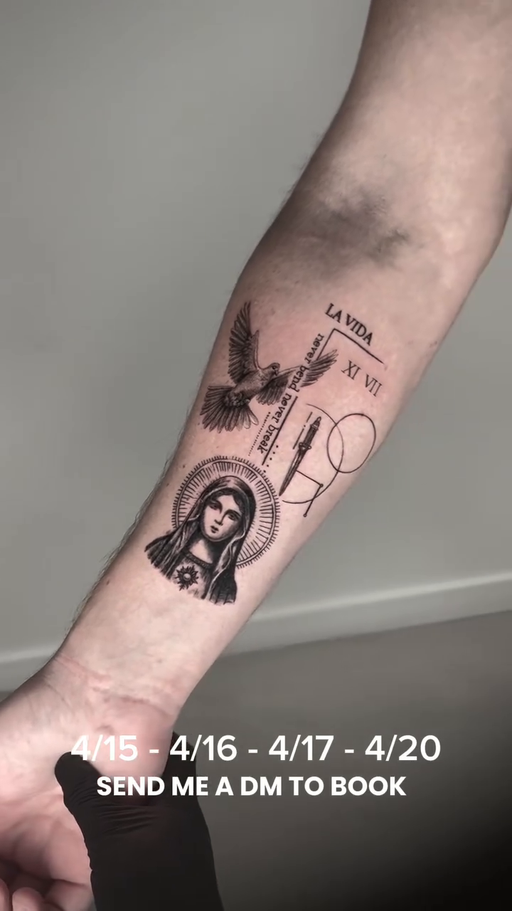 Religious figure with wings and text sketch tattoo on the upper arm by Lina Valentina, New York, New York