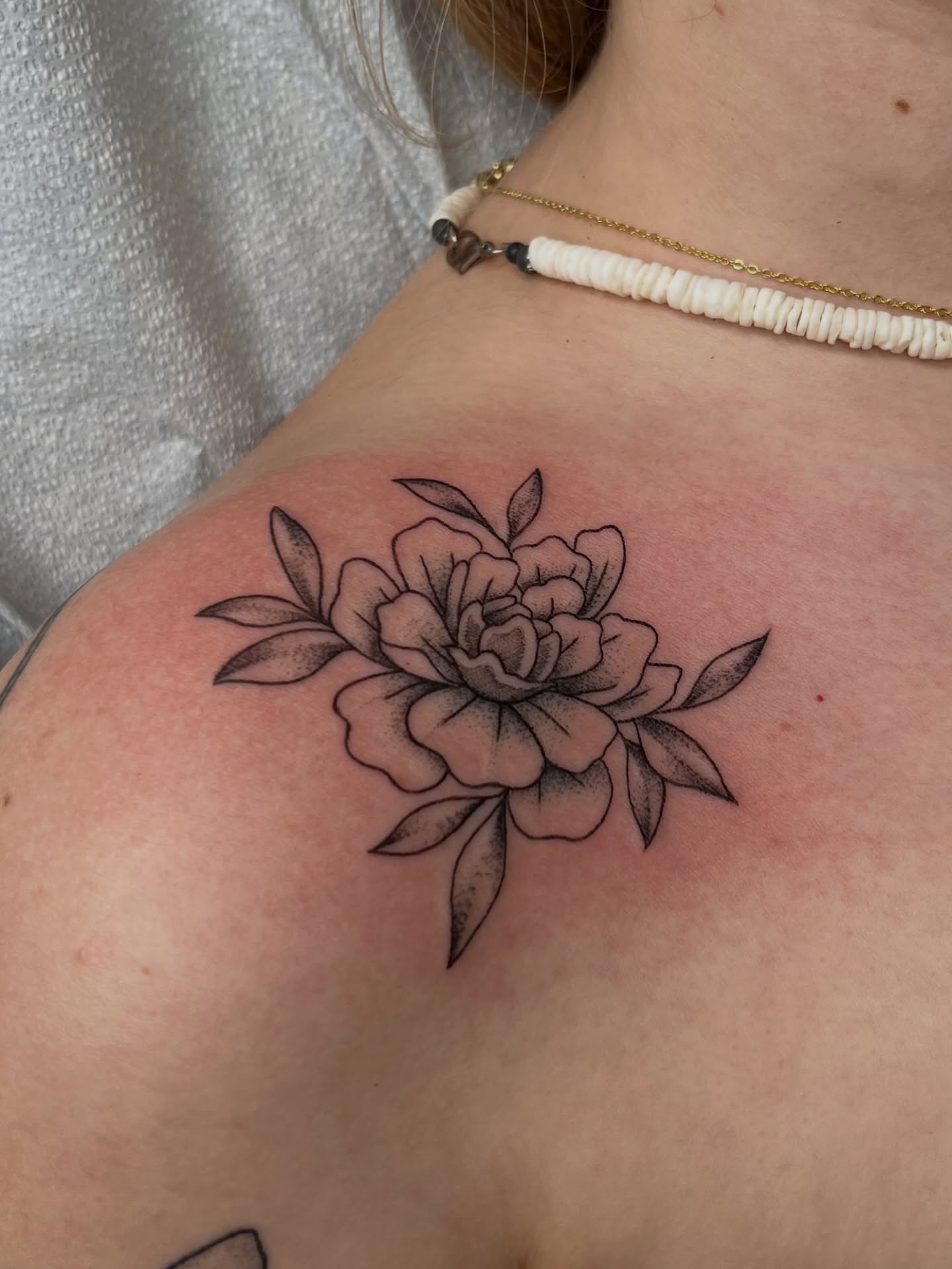 Peony black and grey tattoo on the shoulder by ✩gracie ⋆｡°✩