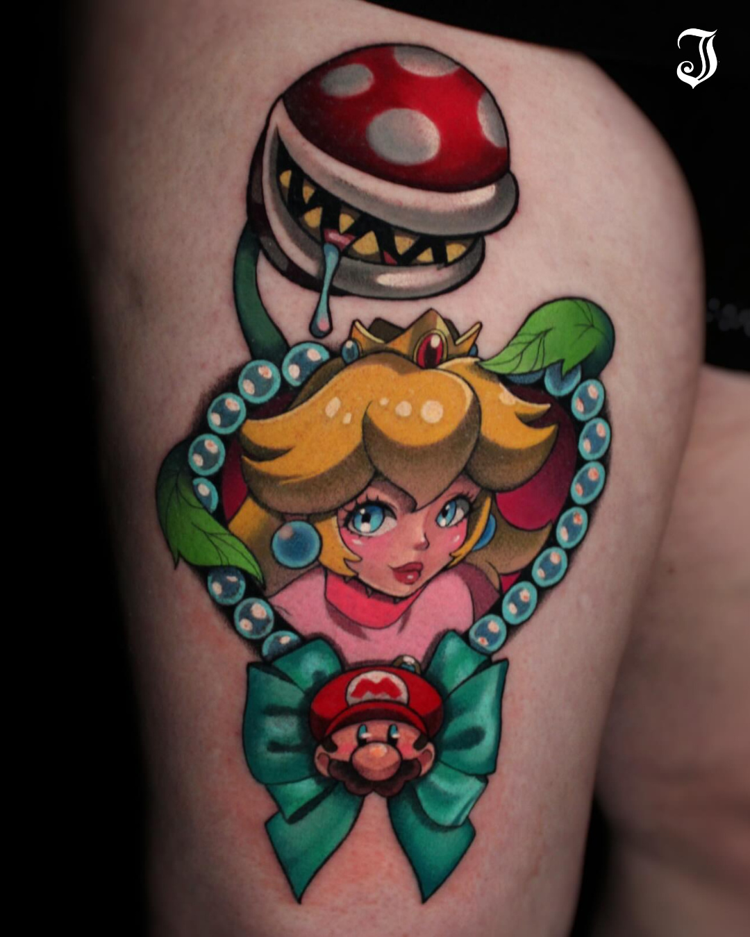 Princess peach new school tattoo on the thigh by πΆππ πΎππππππ