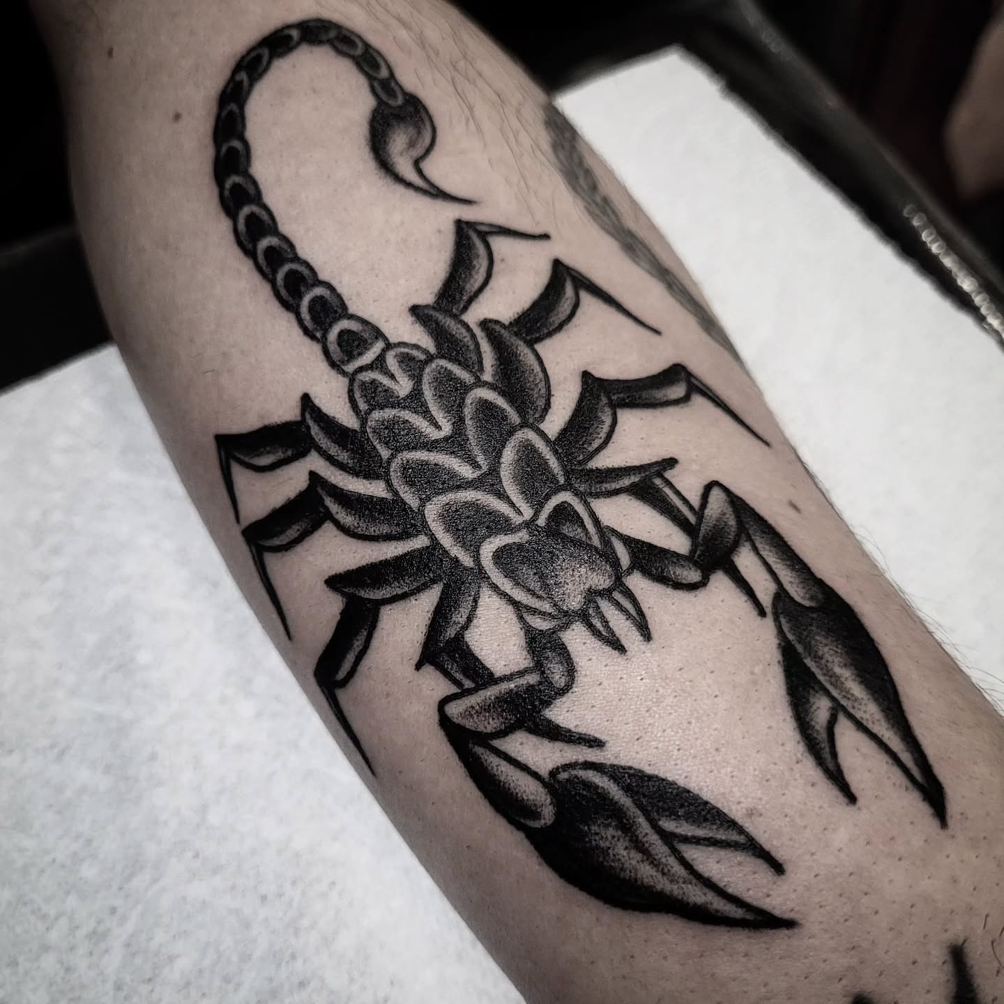 Scorpion black and grey tattoo on the forearm by S. Madrid