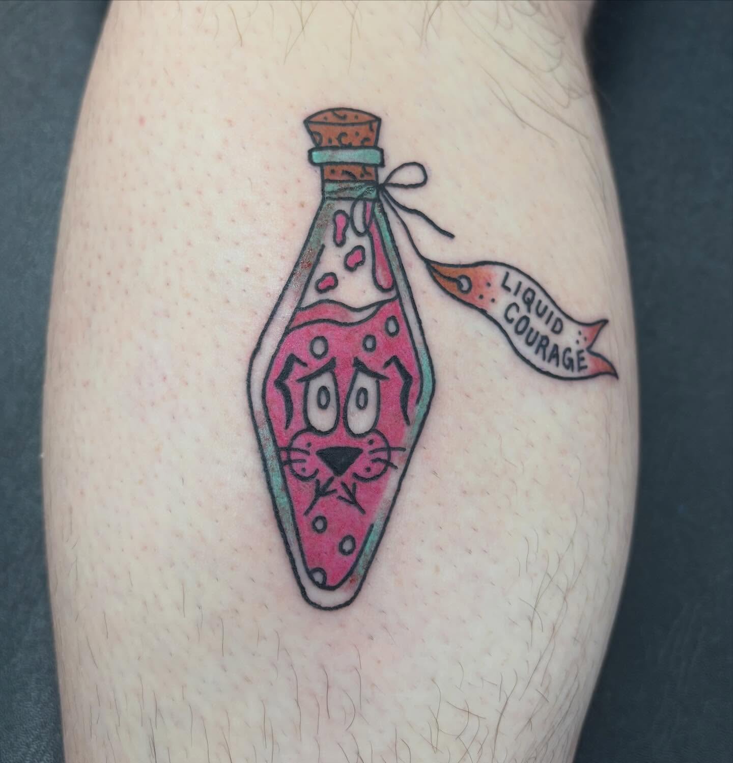 Liquid courage potion dotwork tattoo on the forearm by Natalie Opal🪻🍎🫖