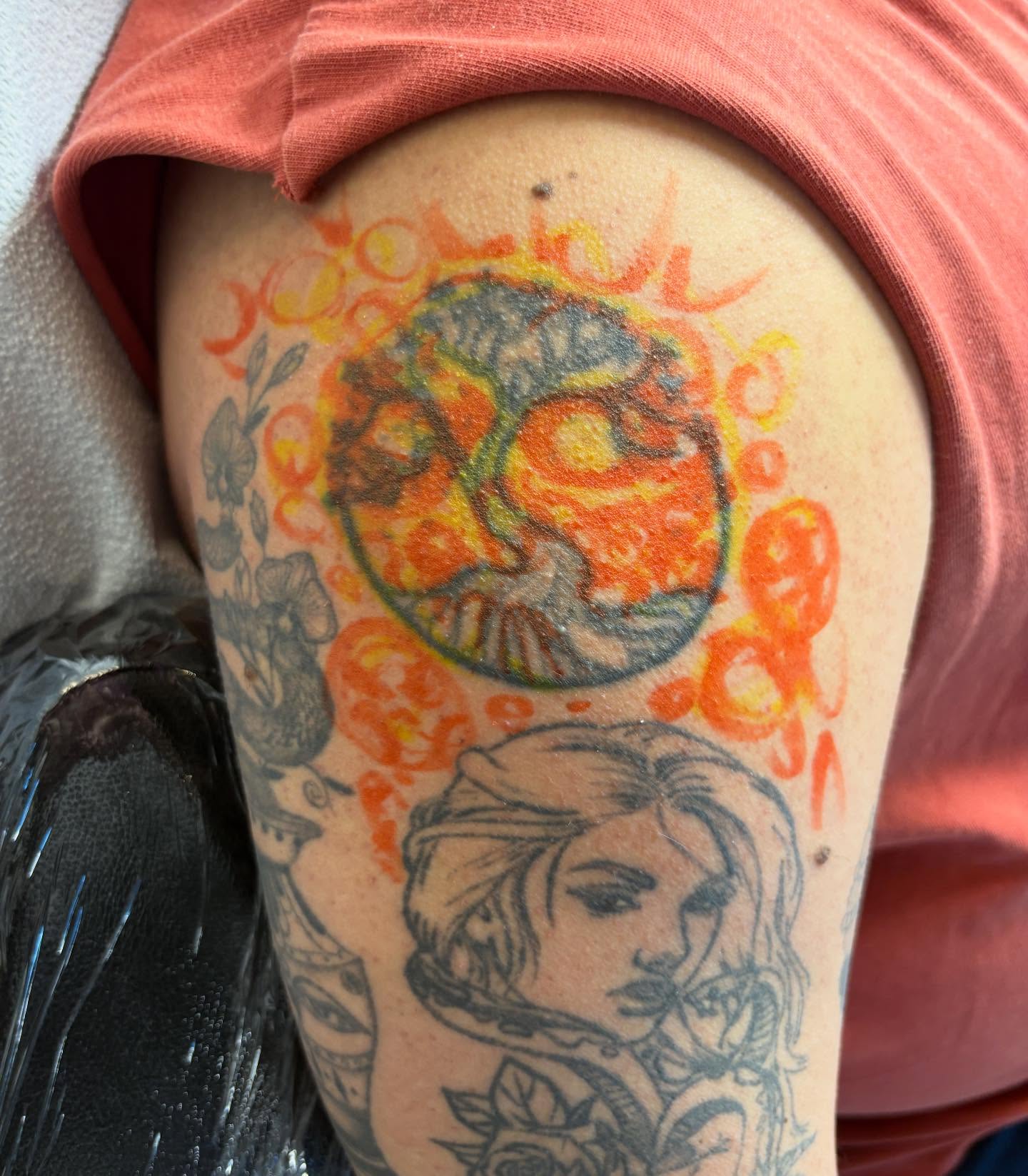 Mermaid and sun American traditional tattoo on the thigh by Brendan Smith
