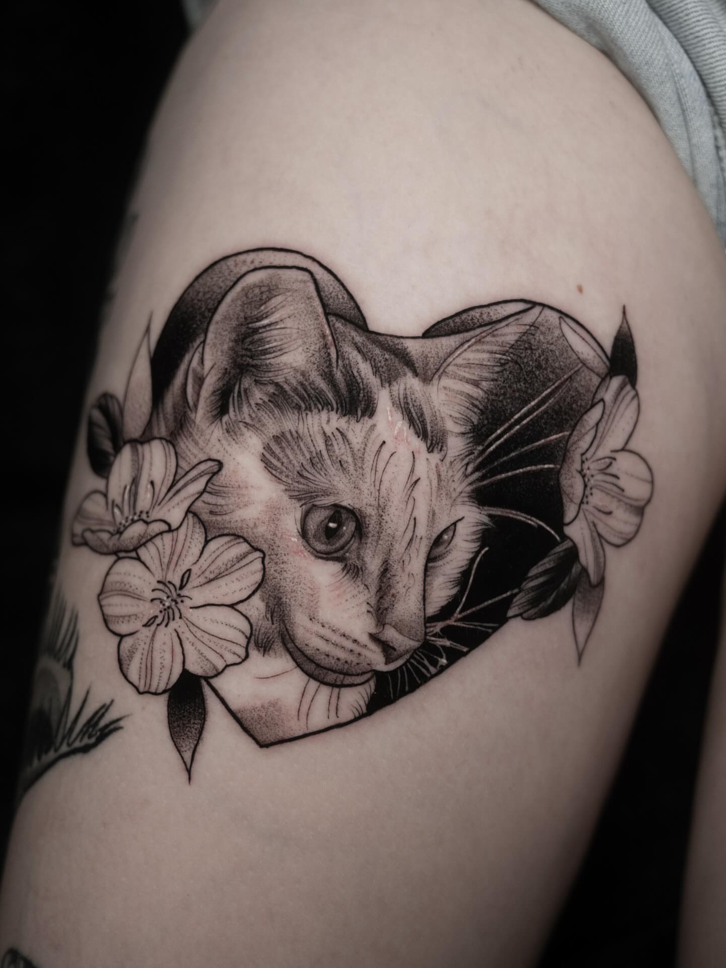 Cat with flowers realism tattoo on the shoulder by Robert Graye