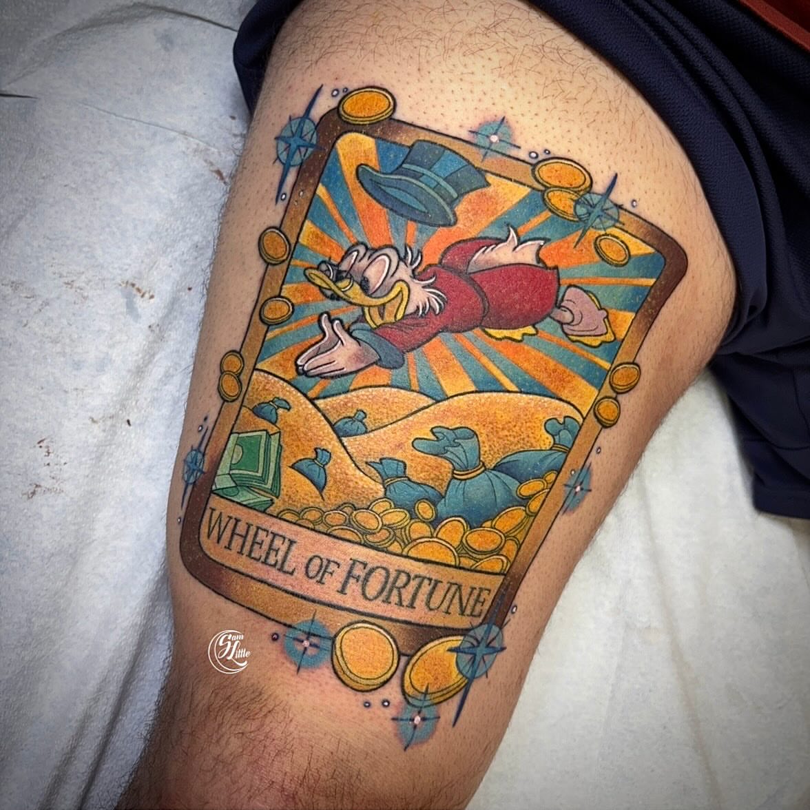 Donald Duck new school tattoo on the thigh by 𝓢𝓪𝓶 𝓛𝓲𝓽𝓽𝓵𝓮