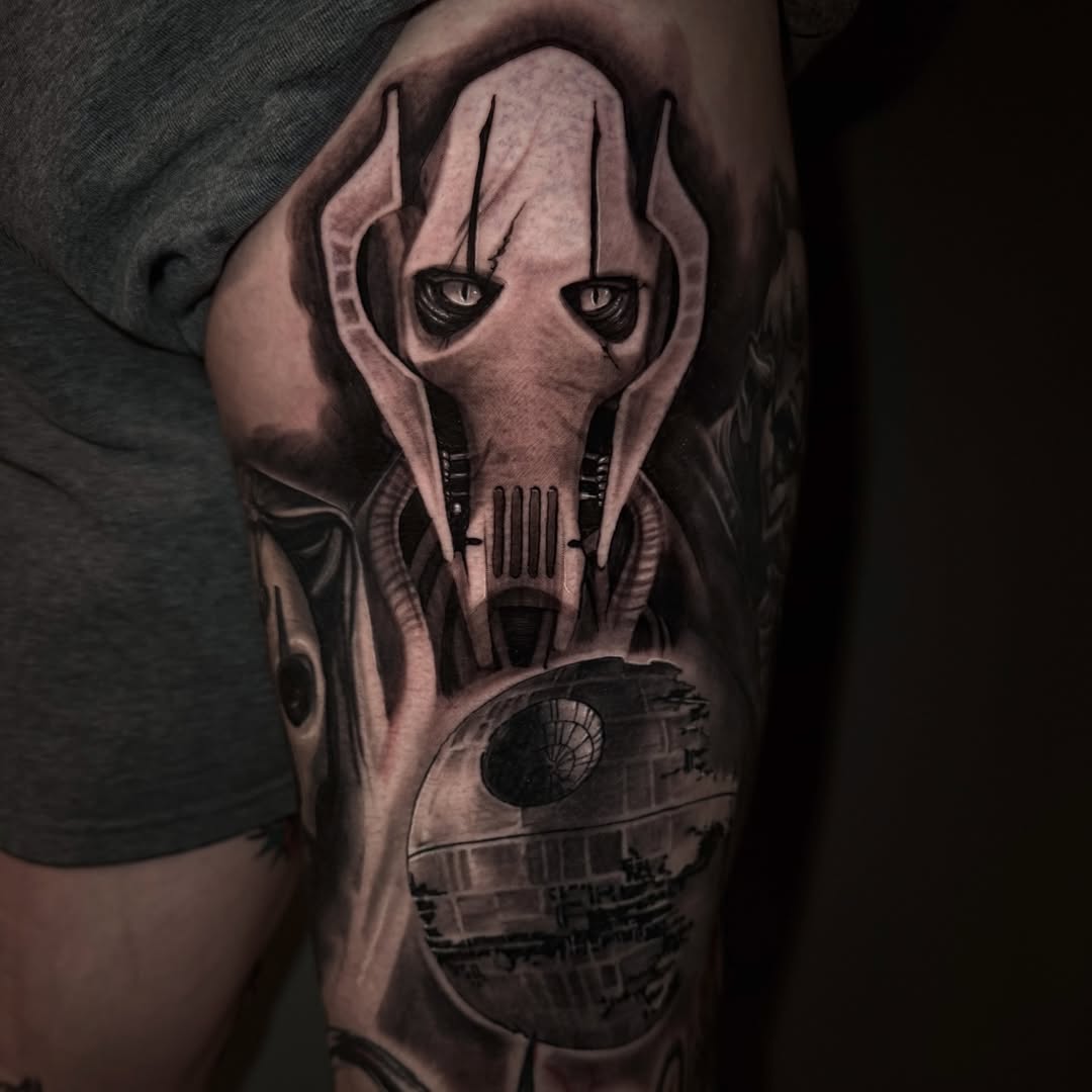 General Grievous and Death Star realism tattoo on the forearm by Jake Fujimura