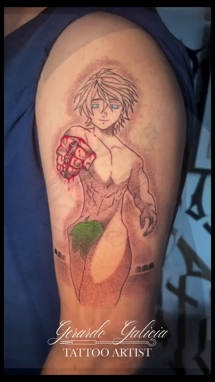 Anime character anime tattoo on the upper arm by Gerardo Galicia, New York, New York