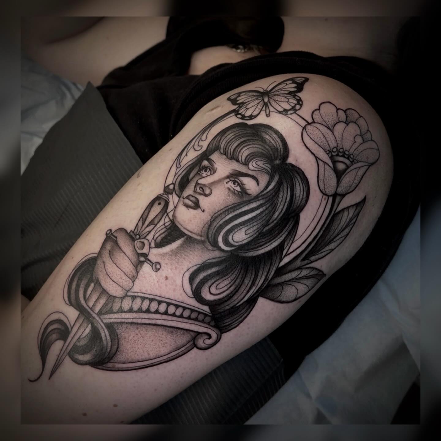Woman with pipe American traditional tattoo on the shoulder by Alyssa Deeghan