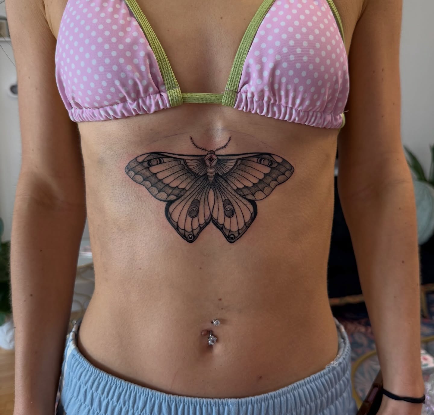Moth dotwork tattoo on the torso by Kelsey Lynn▪️Raleigh Tattoo Artist