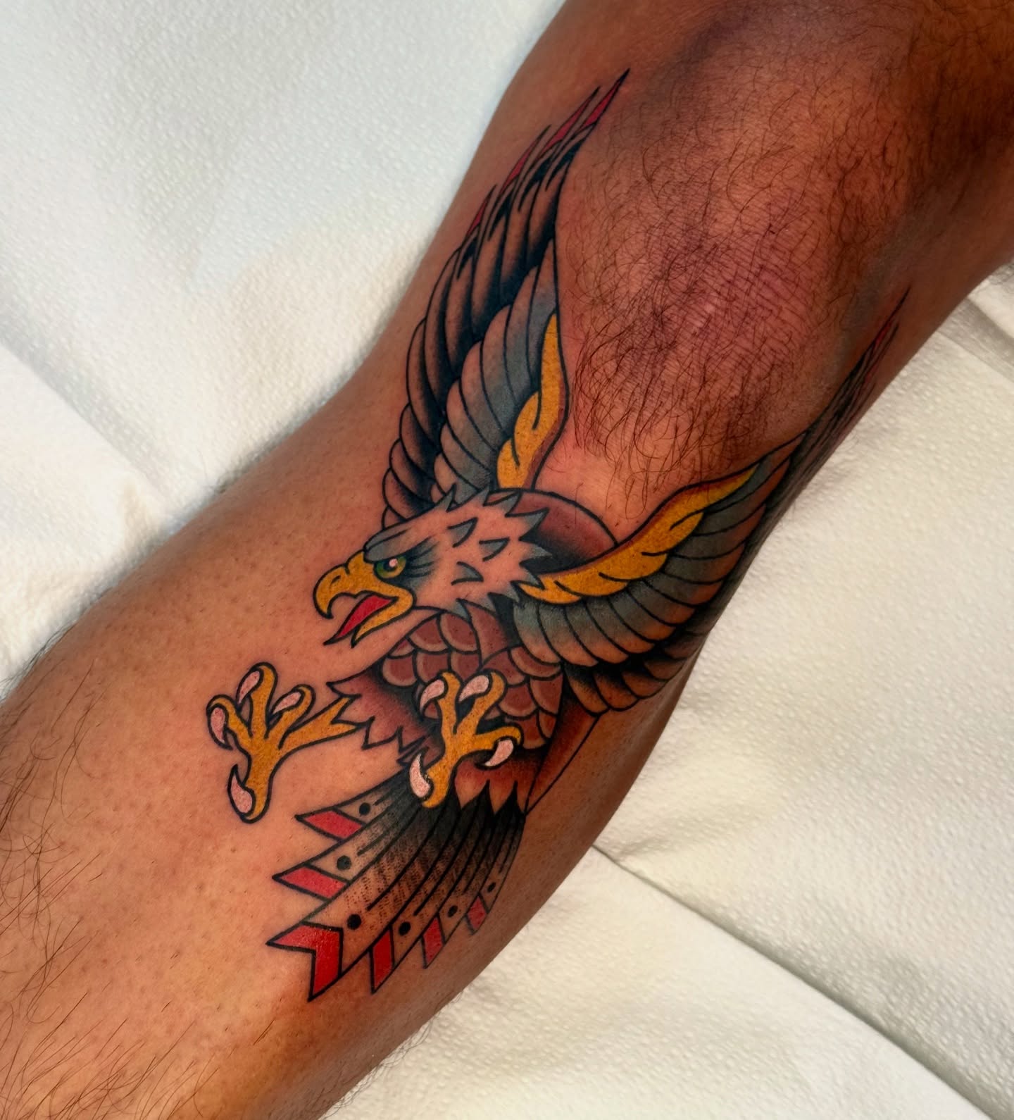Eagle American traditional tattoo on the forearm by Chelstine, Encinitas, California