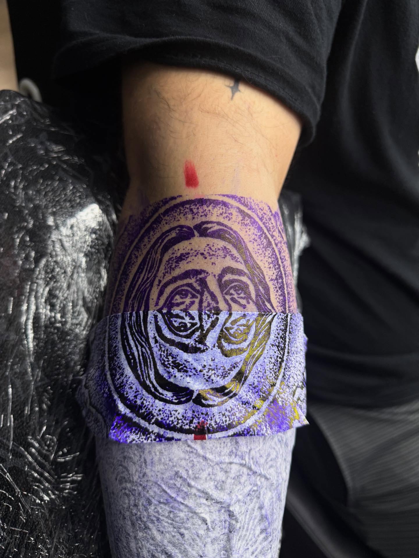 Woman's face dotwork tattoo on the forearm by Smuk One
