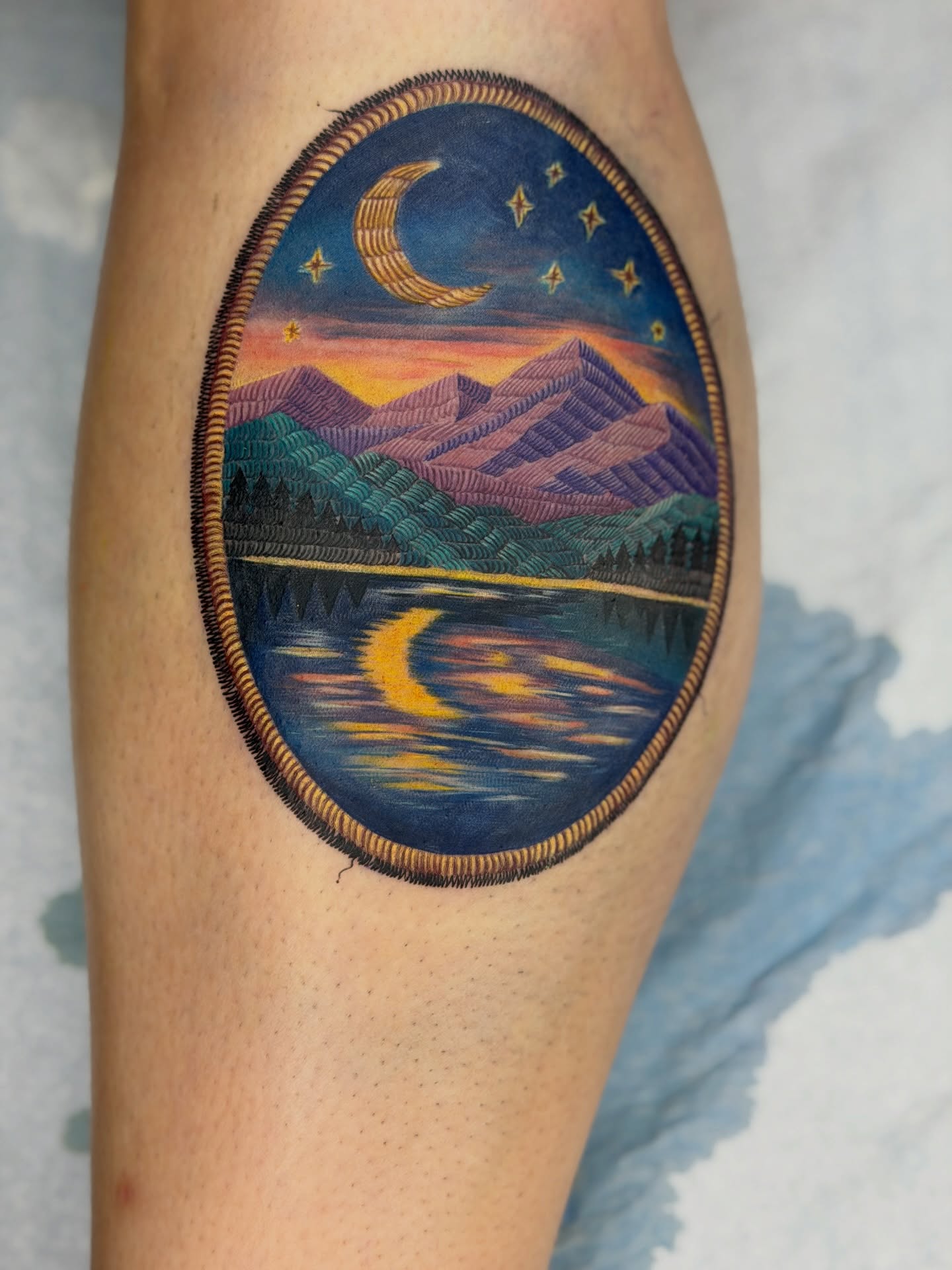 Night landscape dotwork tattoo on the thigh by Melissa Rose Moya