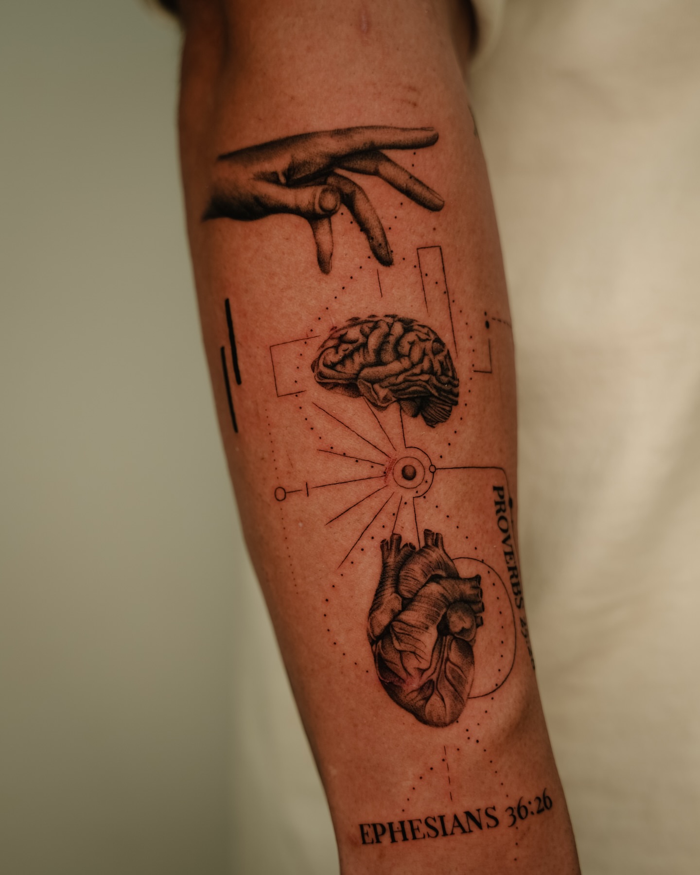 Brain and heart dotwork tattoo on the forearm by Laura Gomez Tattoos
