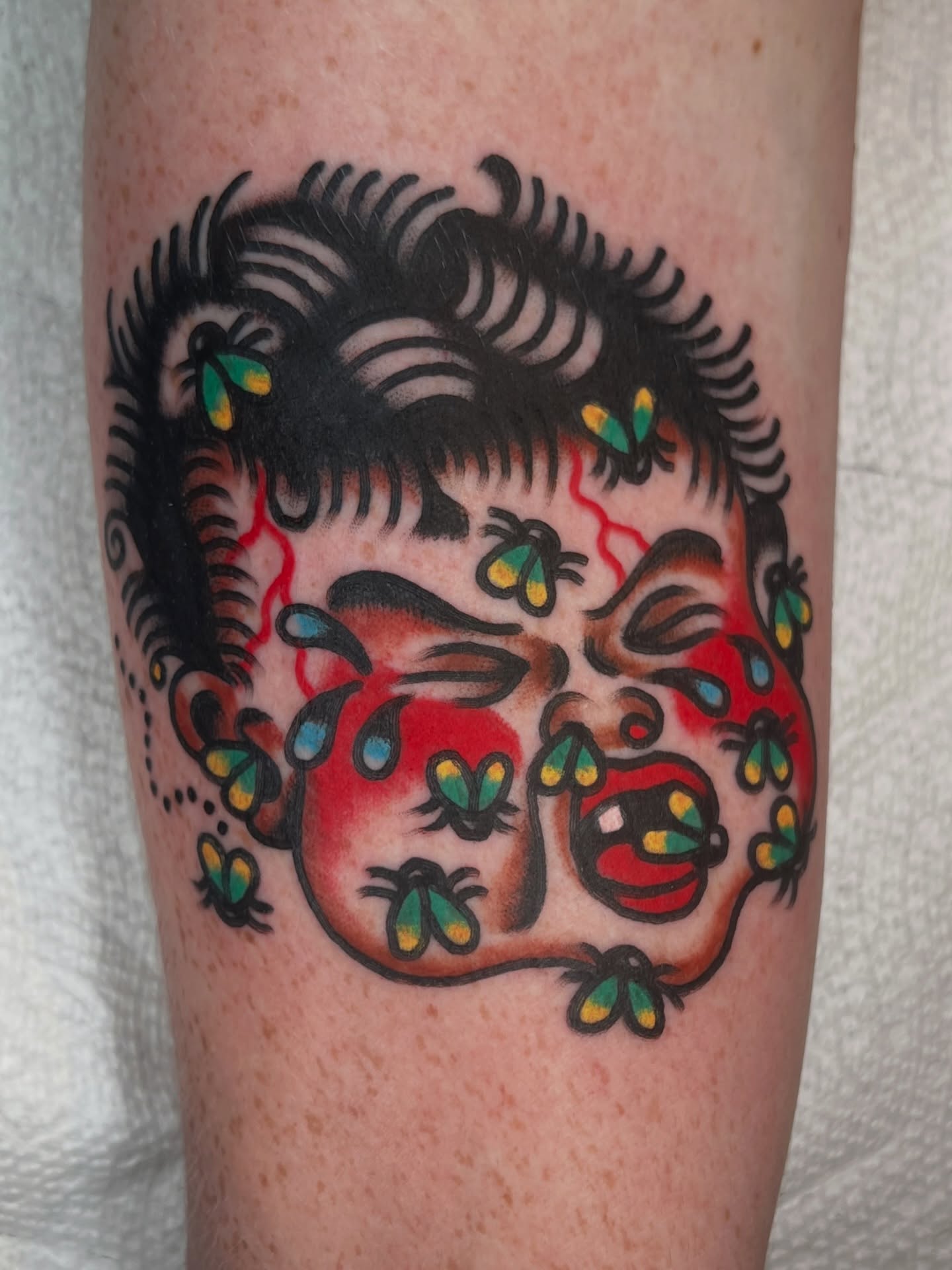 Bees and face American traditional tattoo on the forearm by 💥Jeff Klug💥, Austin, Texas