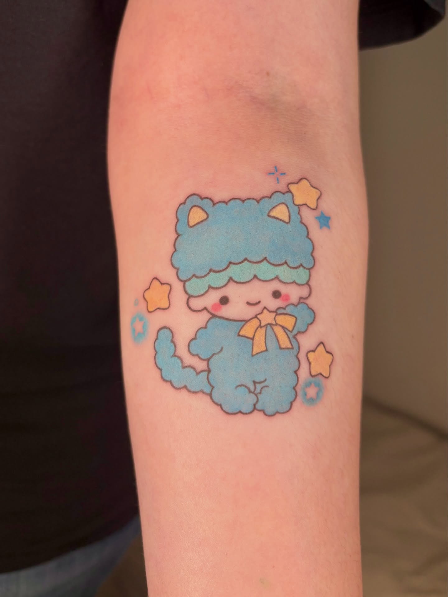 Kawaii character illustrative tattoo on the forearm by ๐ฎ๐ถ๐ ๐ โงโห โโ.
