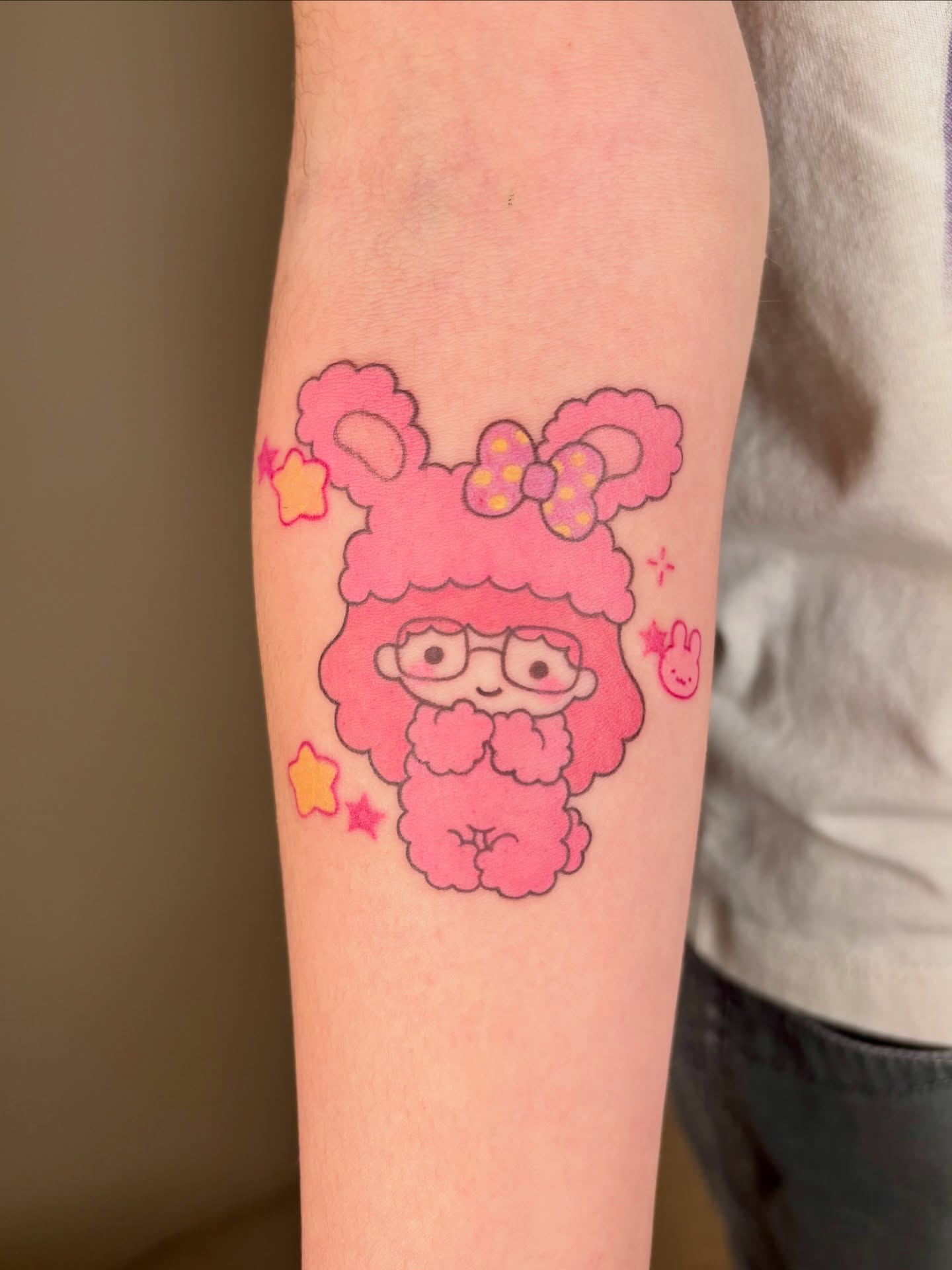 Kawaii character illustrative tattoo on the forearm by ๐ฎ๐ถ๐ ๐ โงโห โโ.