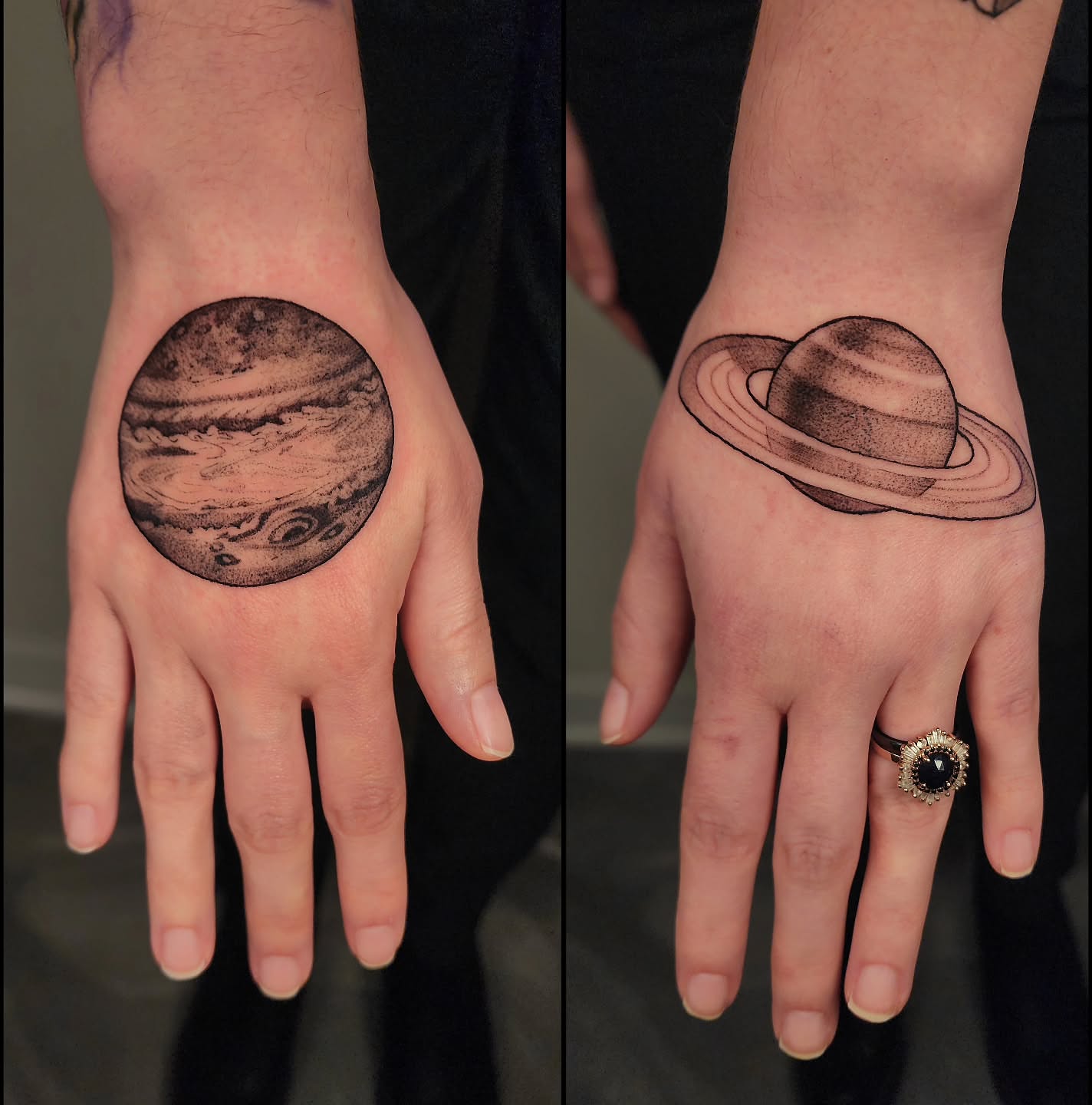 Planets black and grey tattoo on the hand by Whitney Caskey