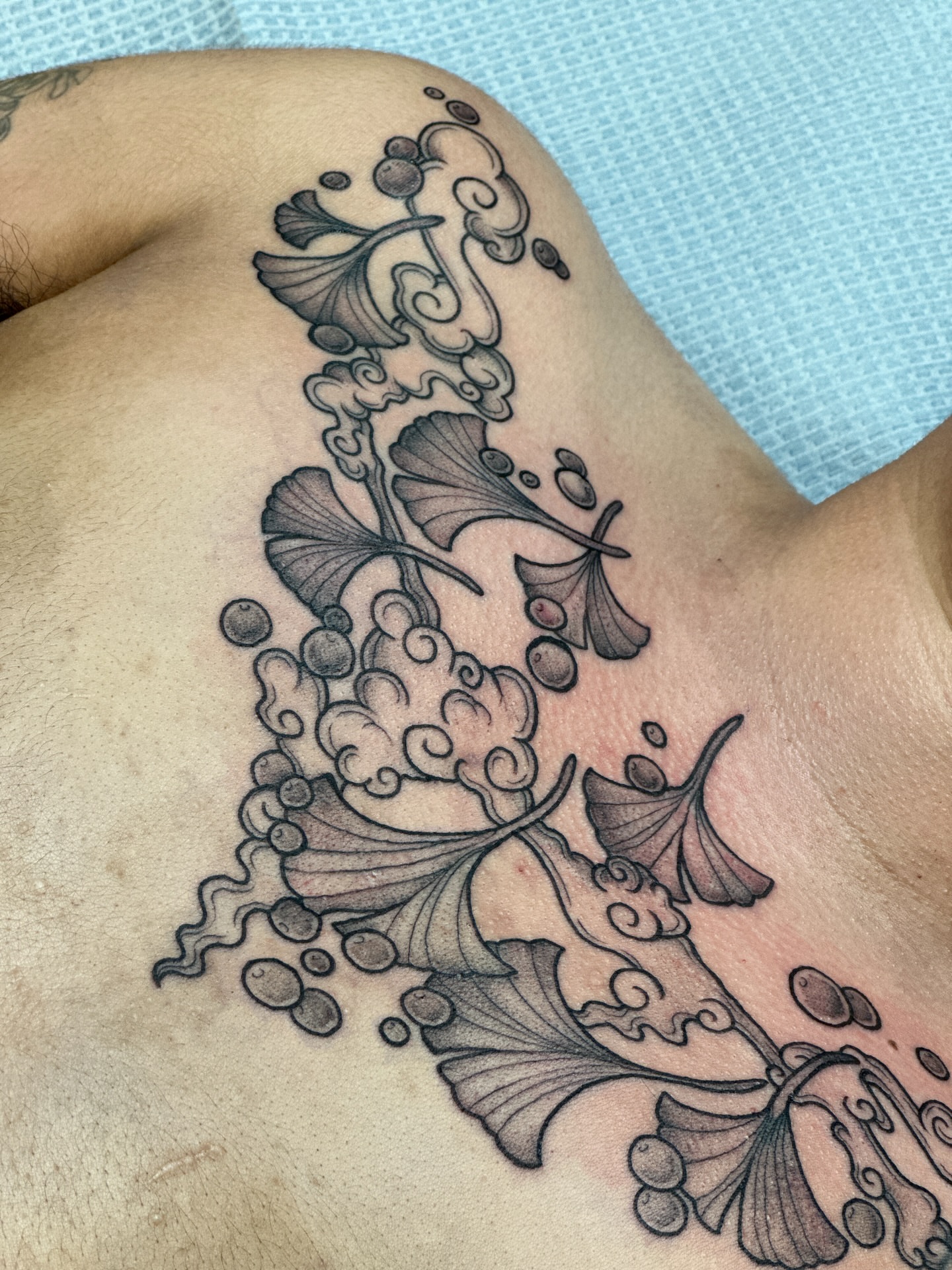 Gingko leaves and clouds black and grey tattoo on the shoulder by Gabrielle Brodman 🎀 Raleigh-Durham Tattoo