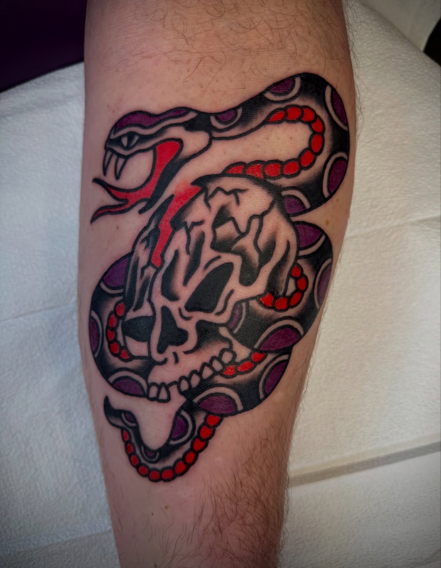 Skull and snake American traditional tattoo on the forearm by mike
