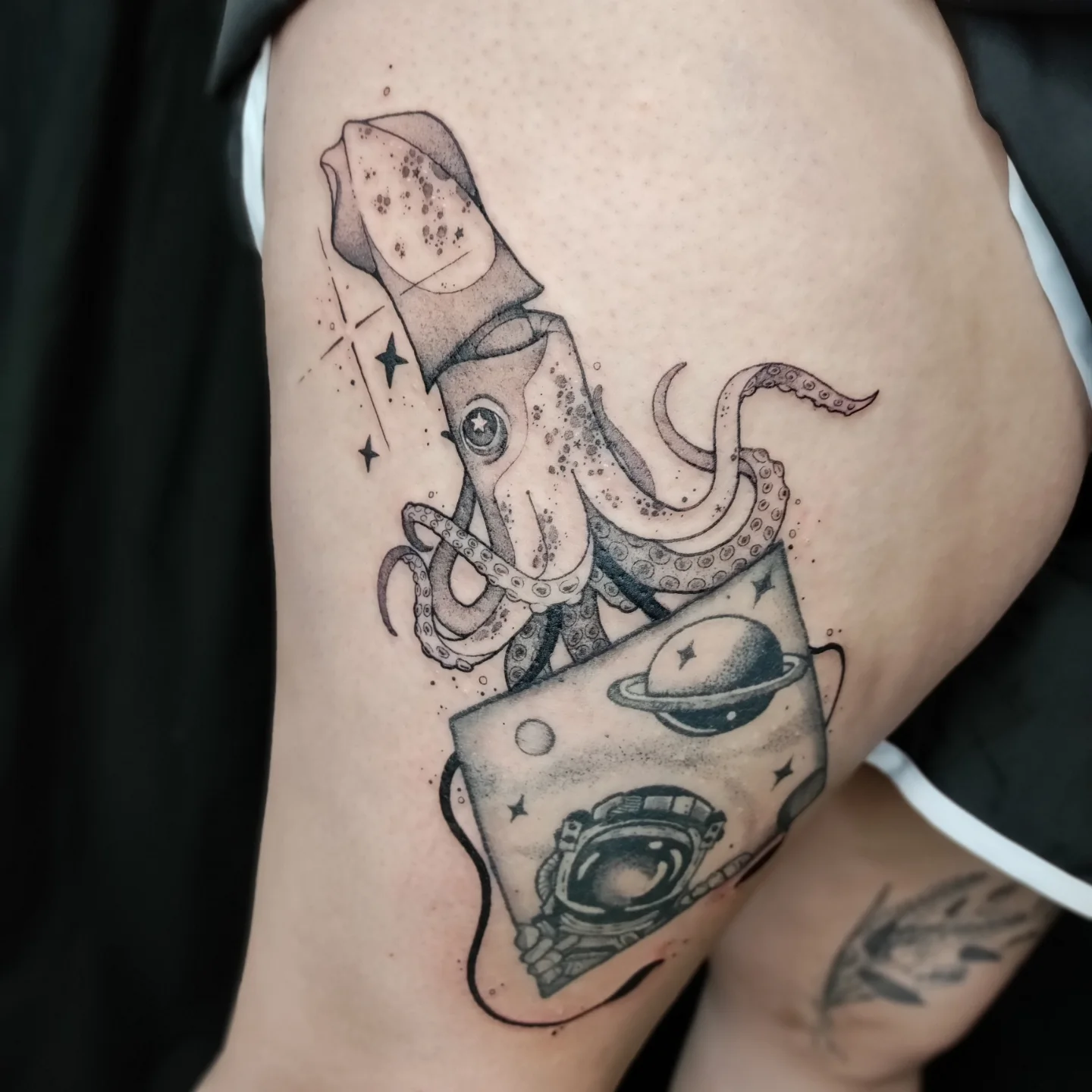 Tattoo by @harvest_moon_tattoos — dotwork, black_and_grey