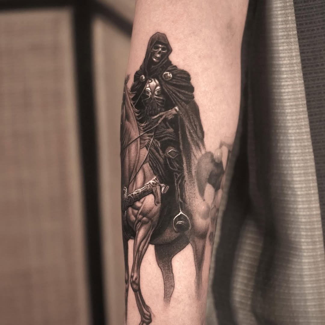 Grim reaper on horseback dark art tattoo on the forearm by Eduardo Alonso Cruz ๐ฒ๐ฝ