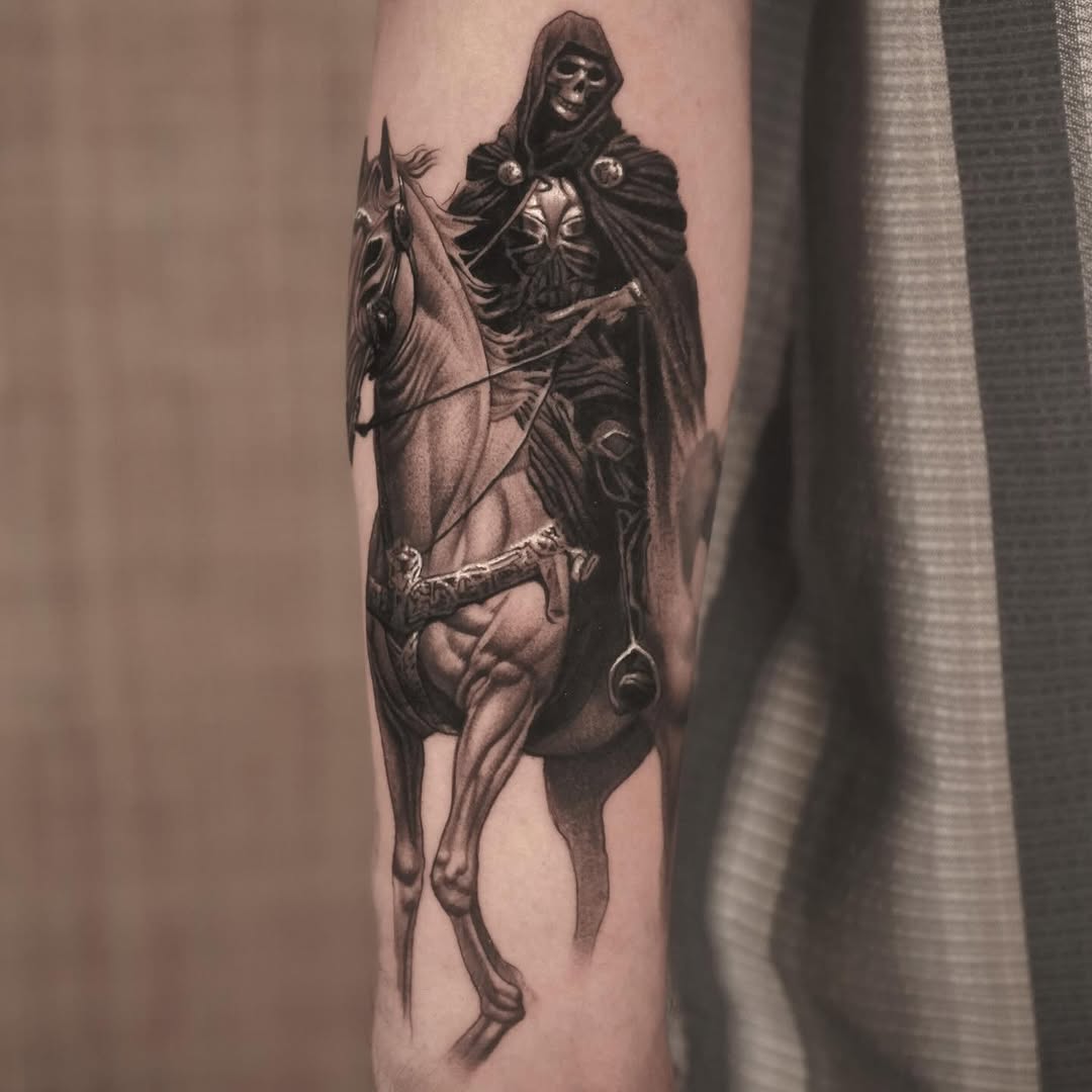 Grim reaper on horseback dark art tattoo on the forearm by Eduardo Alonso Cruz ๐ฒ๐ฝ
