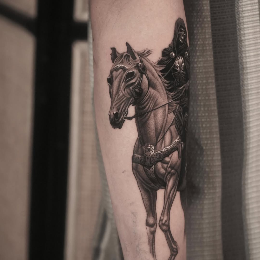Grim reaper on horseback dark art tattoo on the forearm by Eduardo Alonso Cruz ๐ฒ๐ฝ