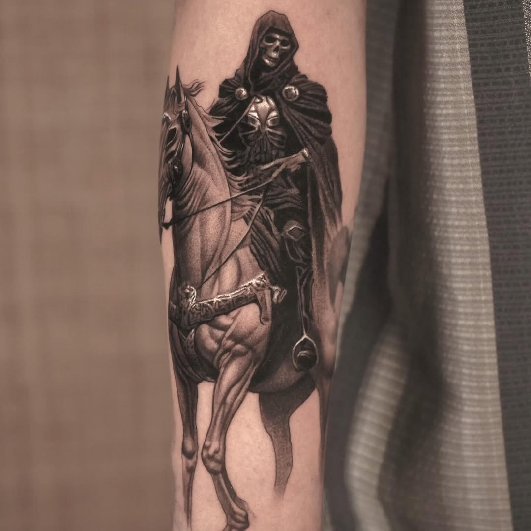 Grim reaper on horseback dark art tattoo on the forearm by Eduardo Alonso Cruz ๐ฒ๐ฝ