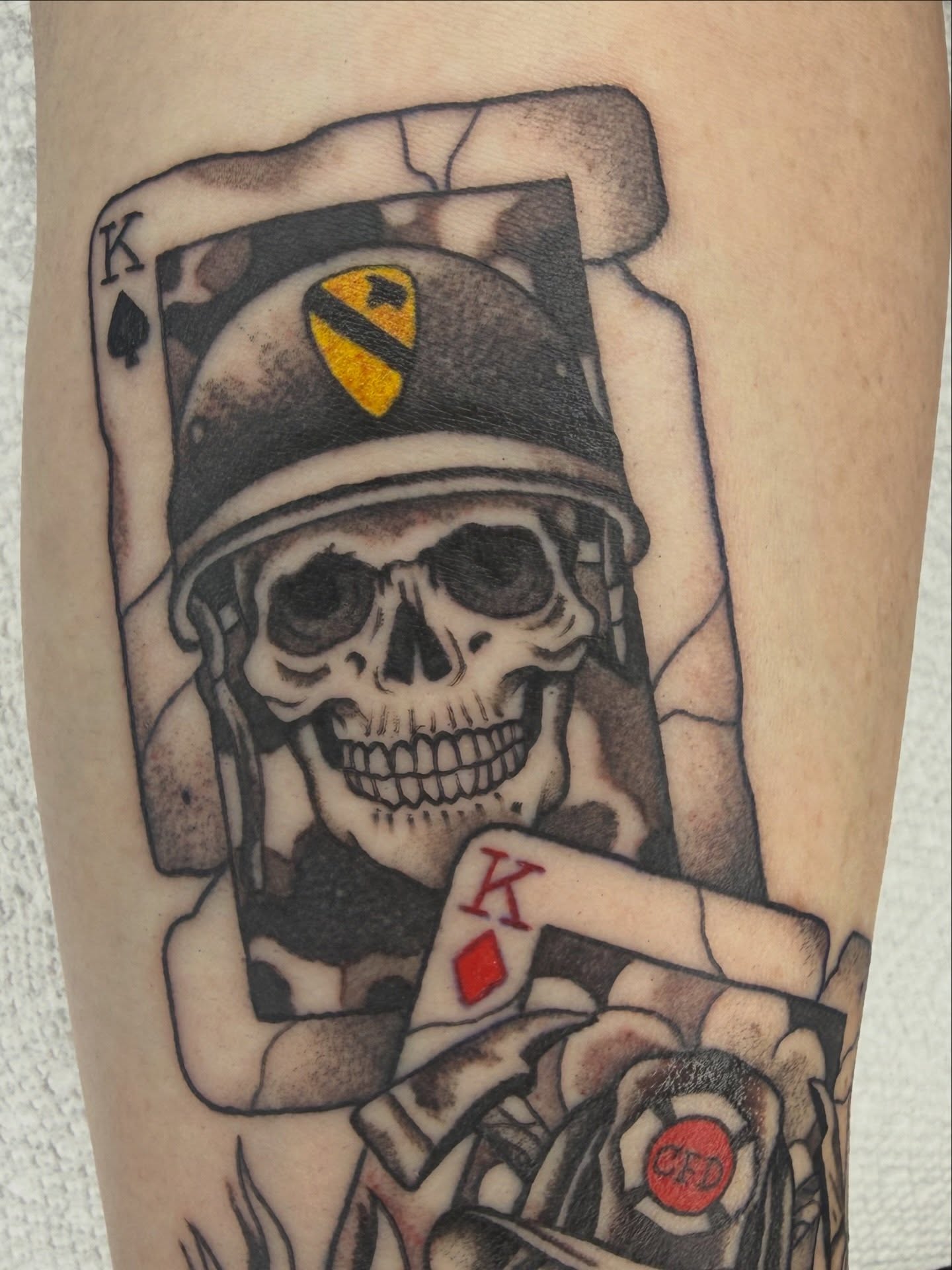 King of spades with skull American traditional tattoo on the forearm by @chrisskon, Carpentersville, Illinois