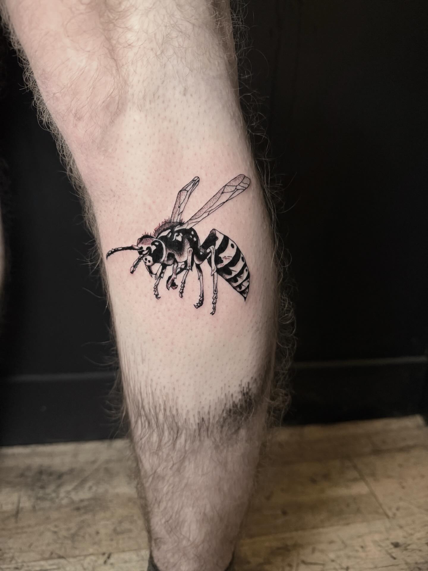 Bee black and grey tattoo on the forearm by Jess, Midvale, Utah