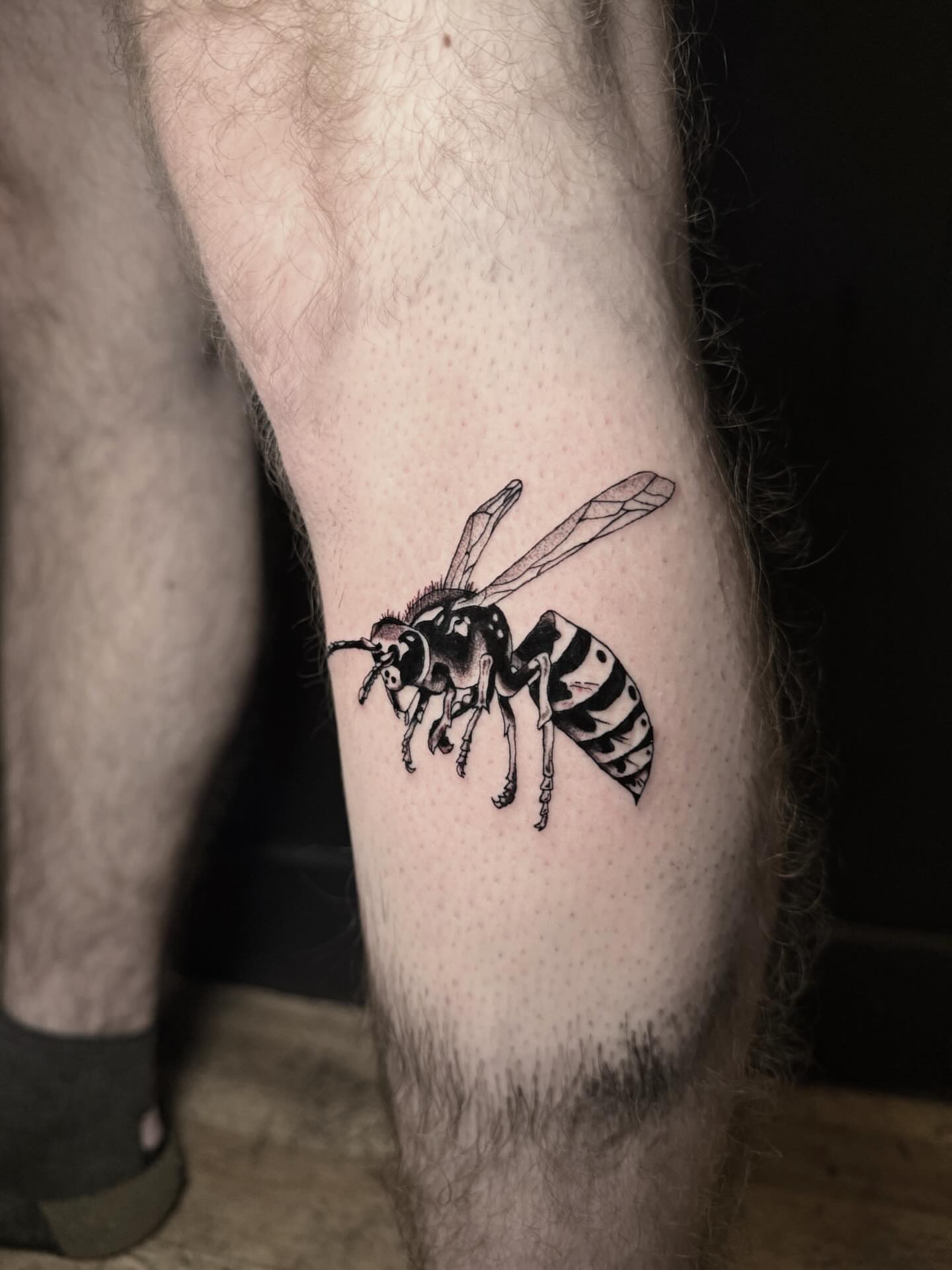 Bee black and grey tattoo on the forearm by Jess, Midvale, Utah