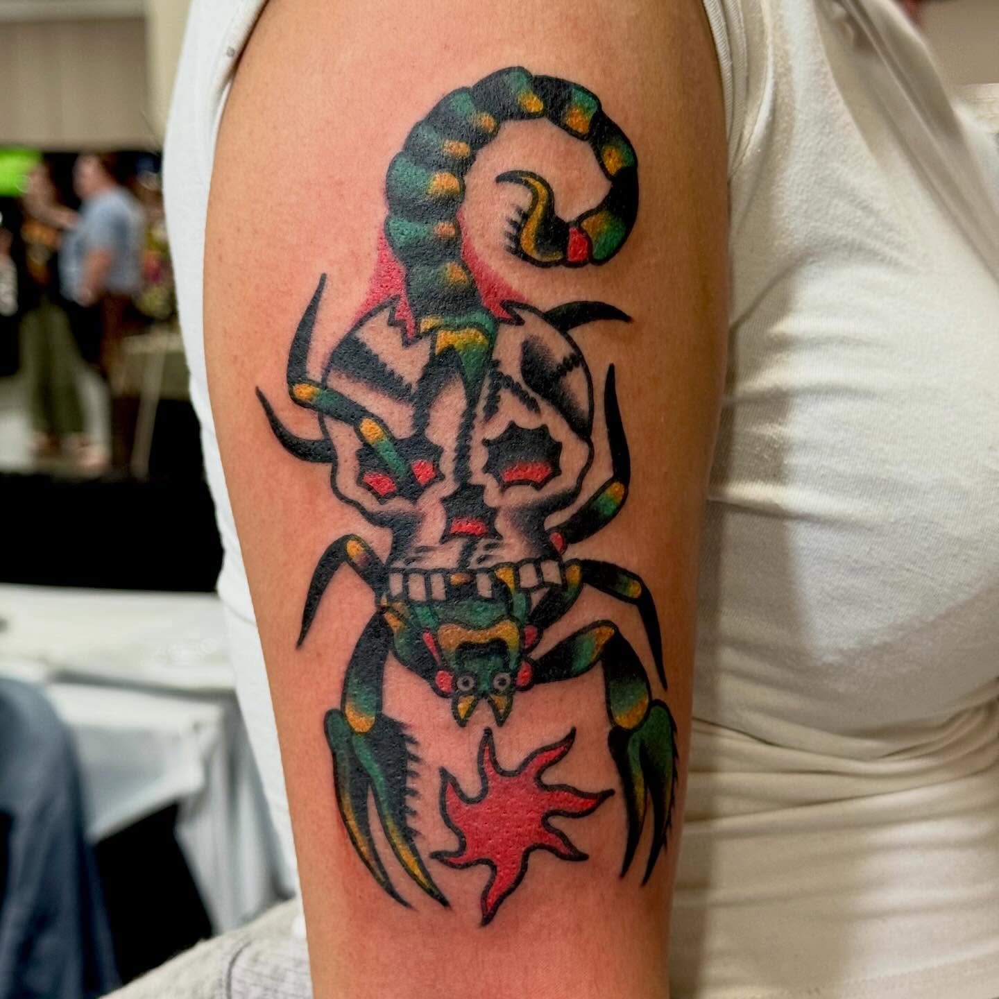Scorpion American traditional tattoo on the forearm by Eli Bernal