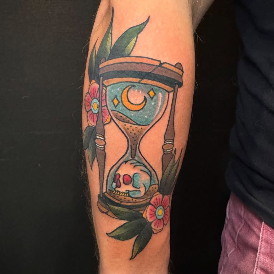 Hourglass American traditional tattoo on the forearm by Brian Herrera