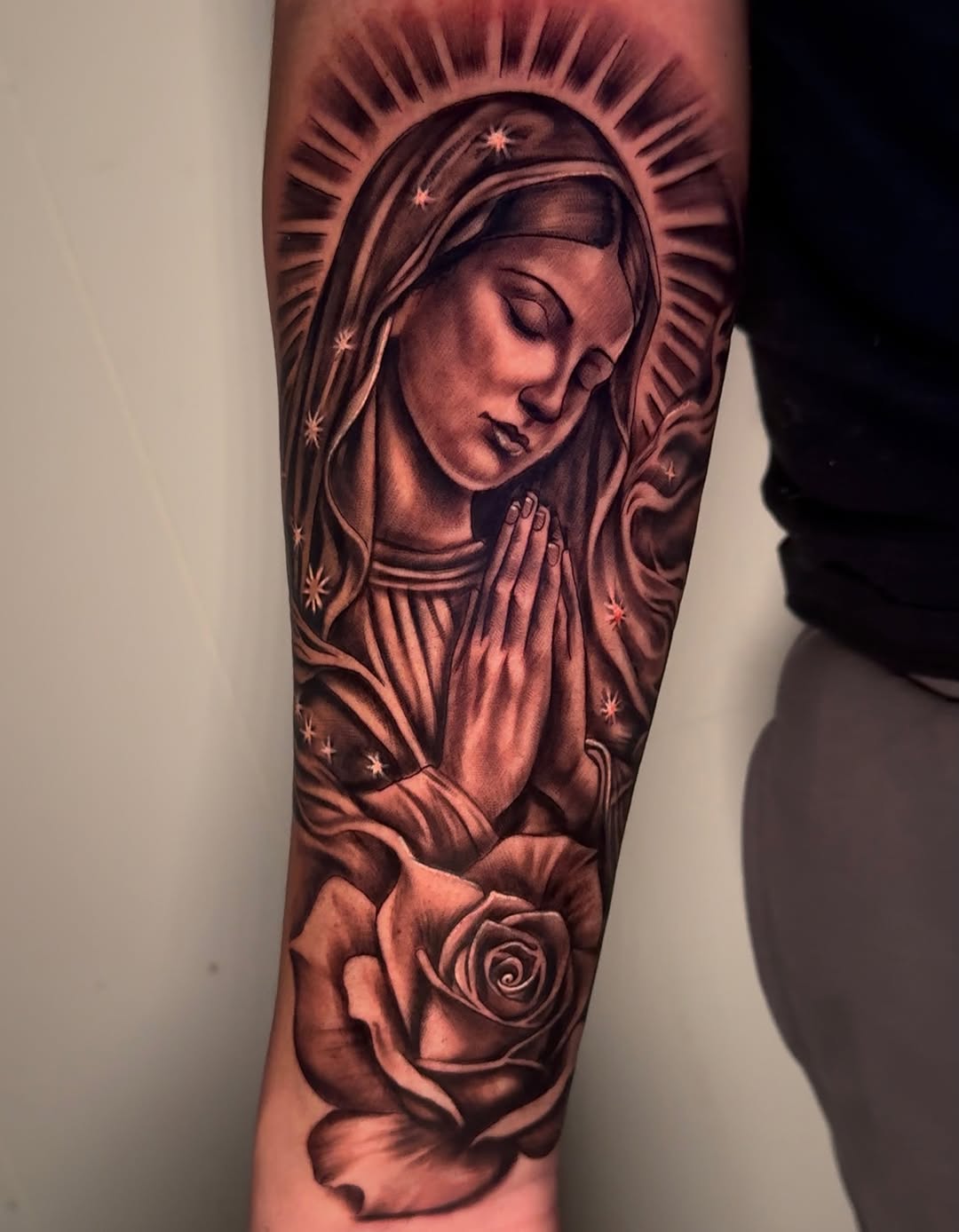 Virgin Mary and rose Chicano tattoo on the forearm by Nj Tattoo Artist Inkdyou, Bloomfield, New Jersey