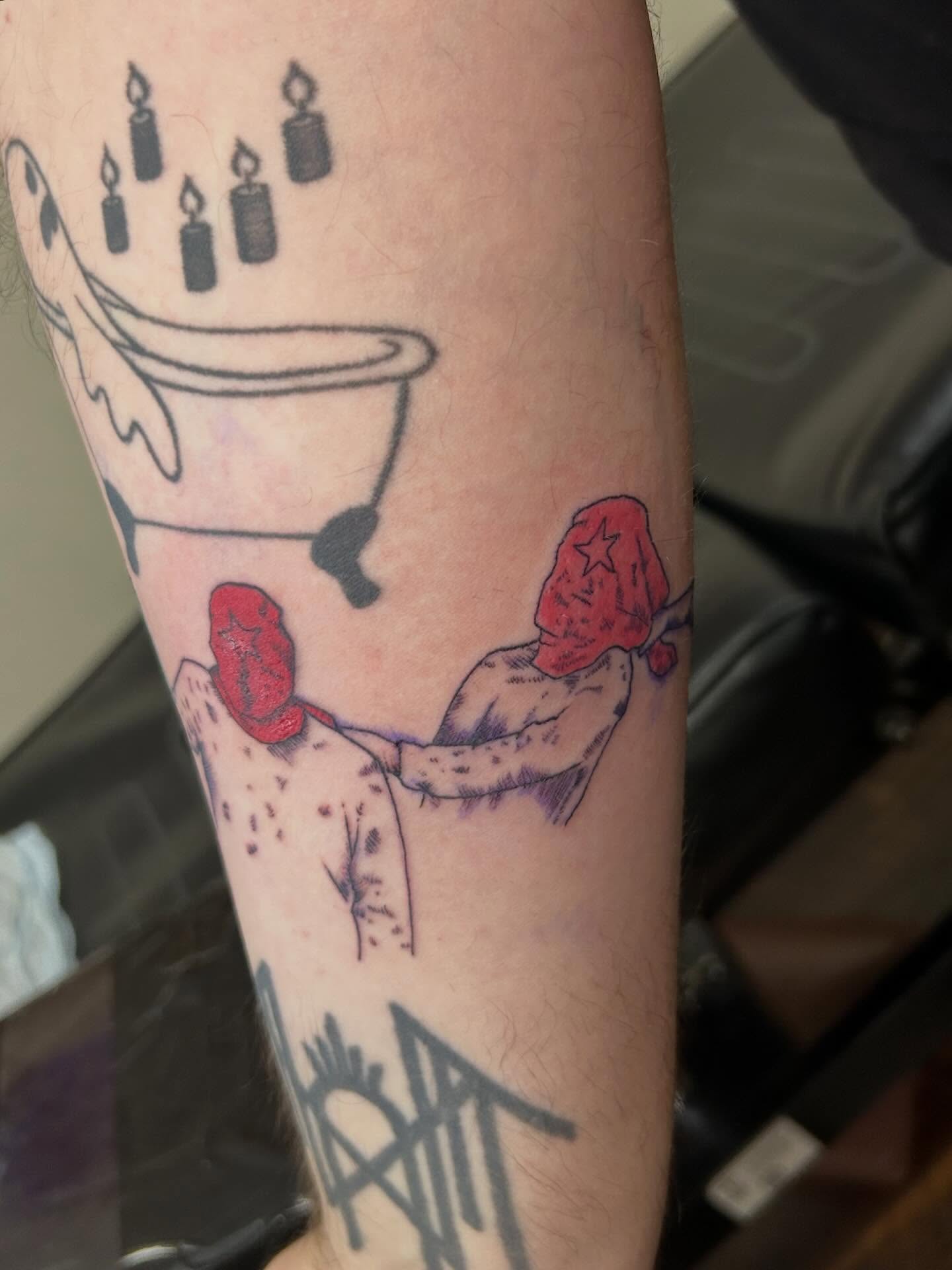 Cake and strawberries new school tattoo on the forearm by Michigan Tattoo Artist - Emily Borneman