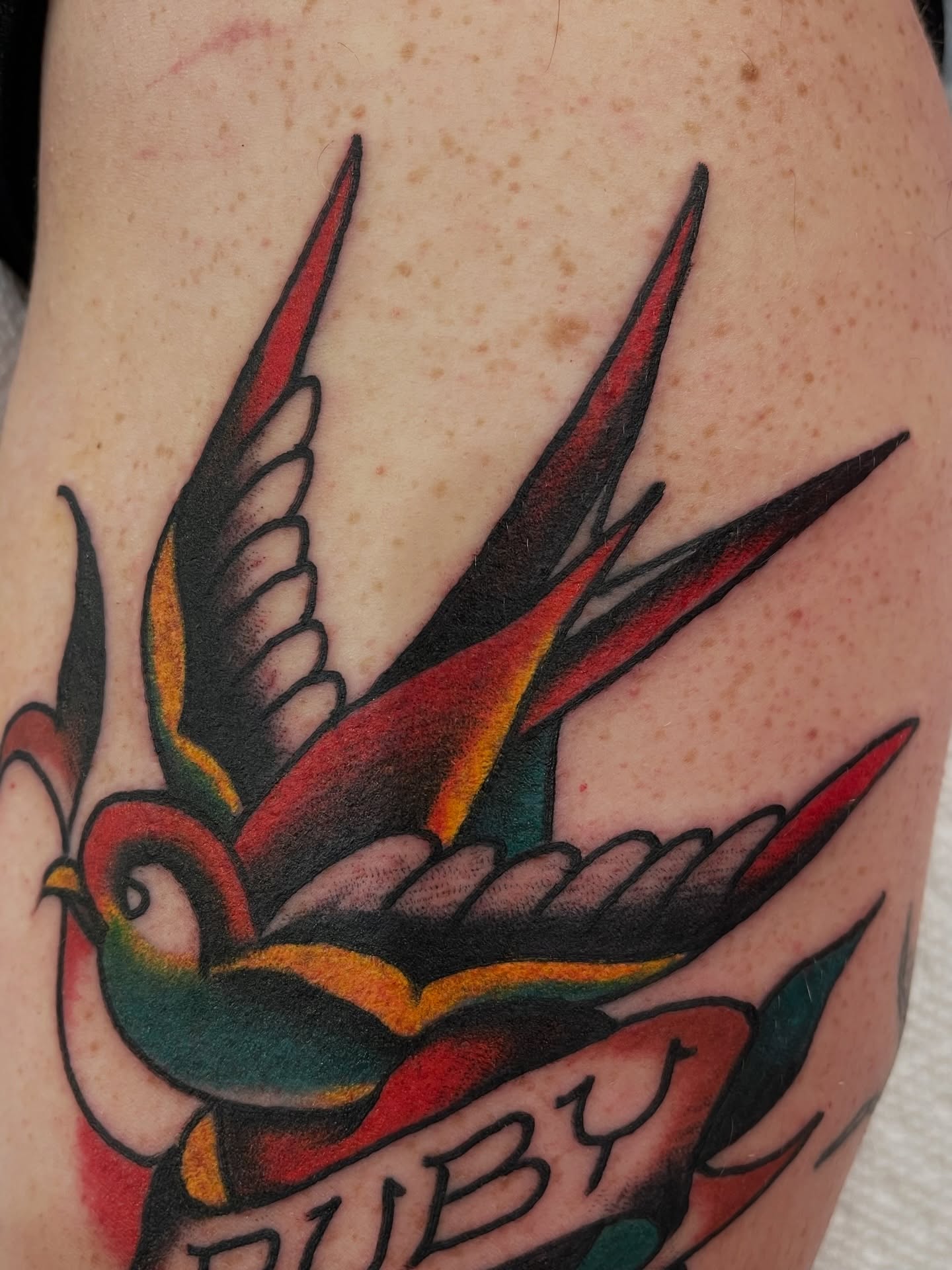 Swallow American traditional tattoo on the forearm by Alex Garcia - Sac City Tattoo