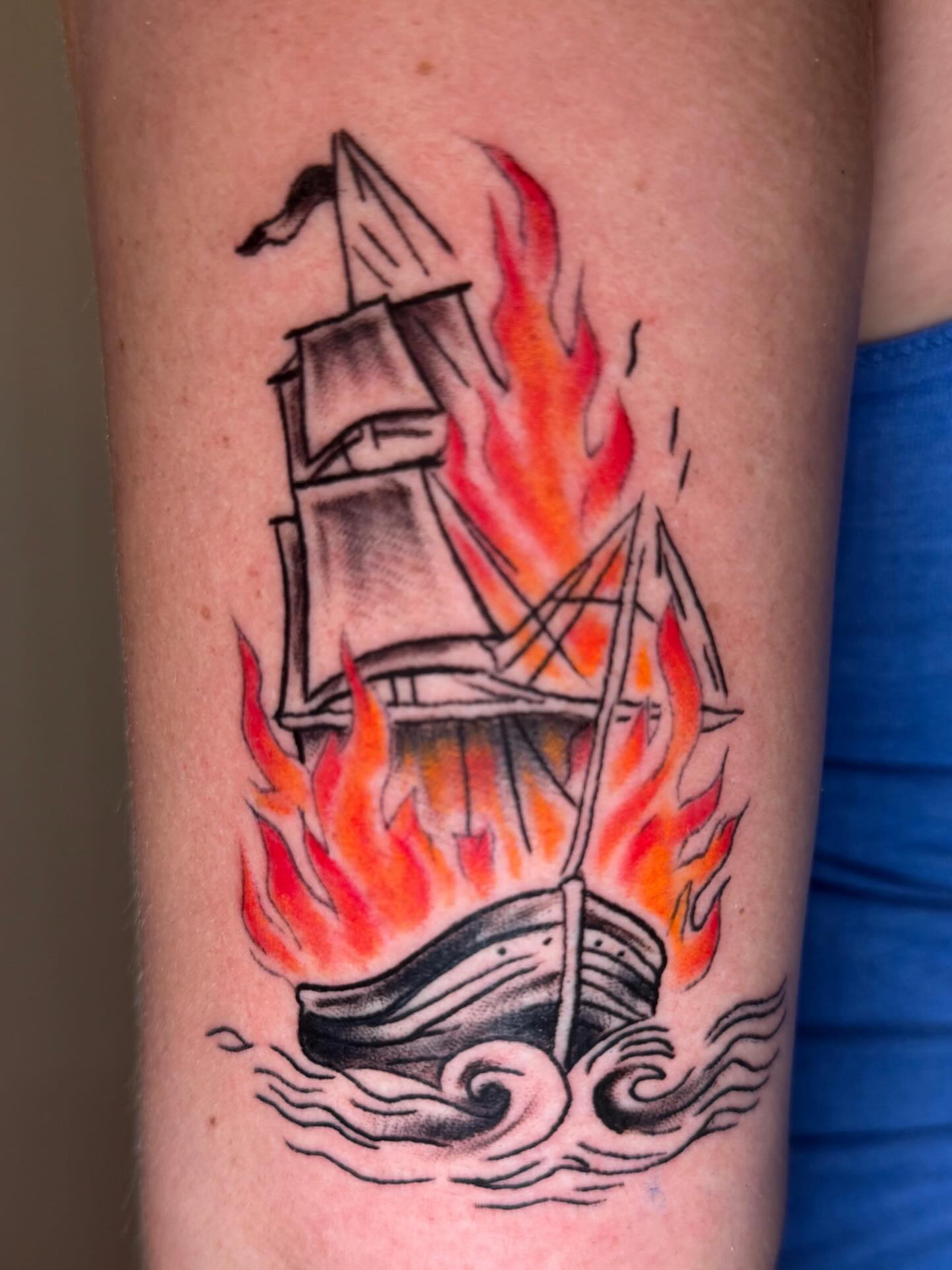 Burning ship American traditional tattoo on the forearm by spikecitytattoo
