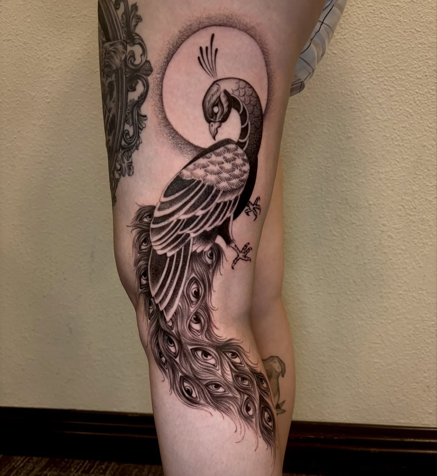 Peacock black and grey tattoo on the forearm by ˖.𖥔 ݁˖anna hoffman˖ ⊹ ࣪ ˖, Salt Lake City, Utah