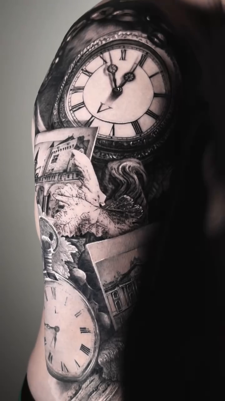 Pocket watches and architecture realism tattoo by Eltche Art Tattoo